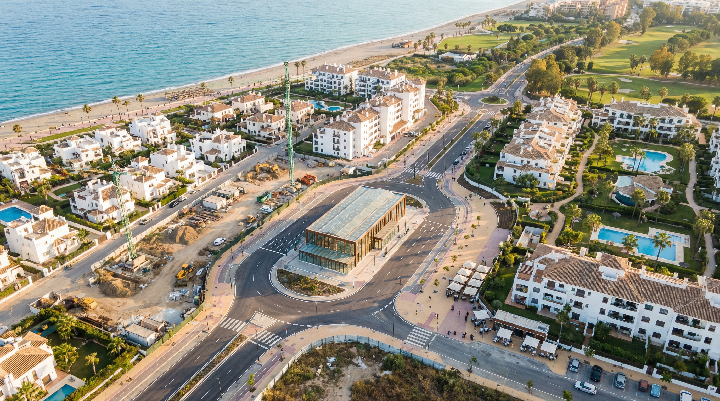 Aerial view of a modern infrastructure project along the Costa del Sol, highlighting its impact on local property values.