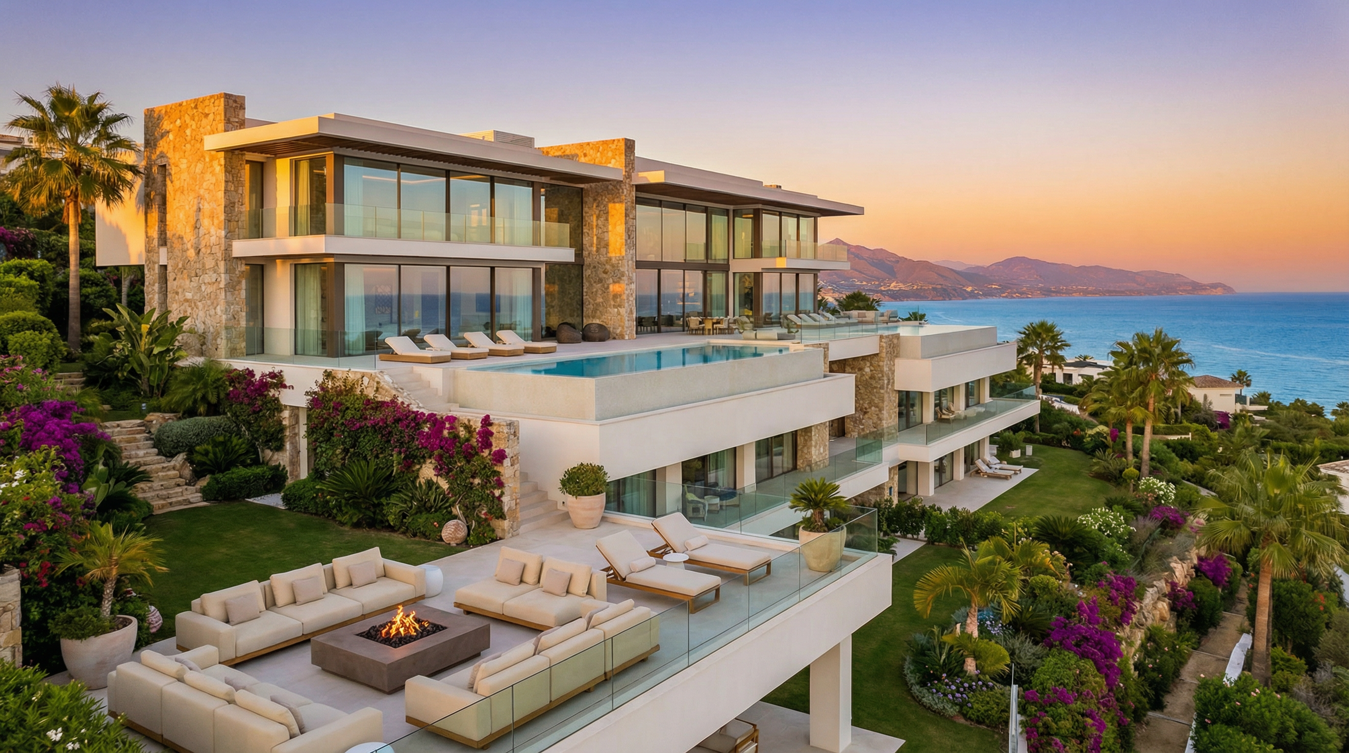 Ylellinen bränditalo Costa del Solissa, moderni arkkitehtuuri ja lasiset parvekkeet, avara merinäköala Välimerelle.