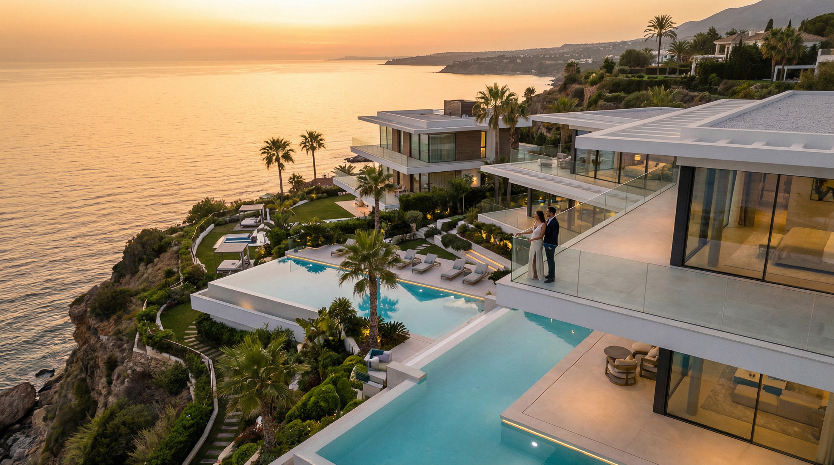 Aerial view of a luksusowej rezydencji na Costa del Sol z nowoczesną architekturą, basenami bez krawędzi i ogrodami, w tle zachód słońca.