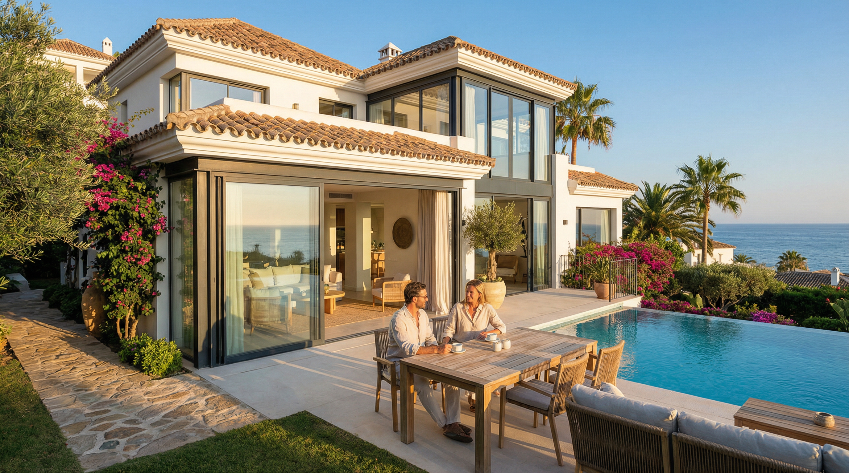 Kaunis rannikkovilla Puerto Banúsissa, Costa del Solissa, yhdistää Välimerellisen arkkitehtuurin ja modernit elementit, auringonvalossa loistavat yksityiskohdat.