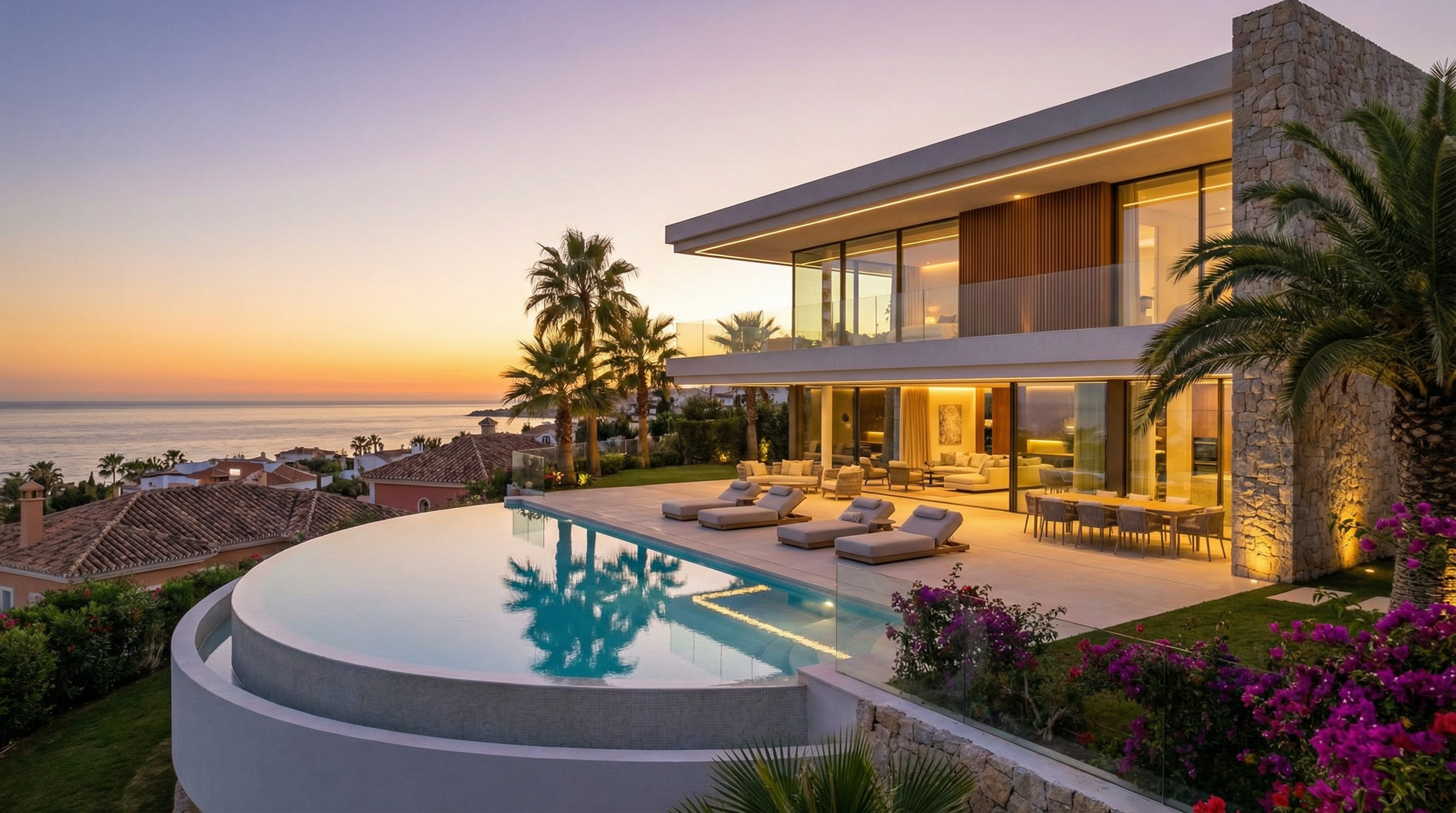 Vue imprenable d'un coucher de soleil sur une villa luxueuse à la Costa del Sol, mettant en valeur son architecture méditerranéenne contemporaine et sa piscine à débordement.