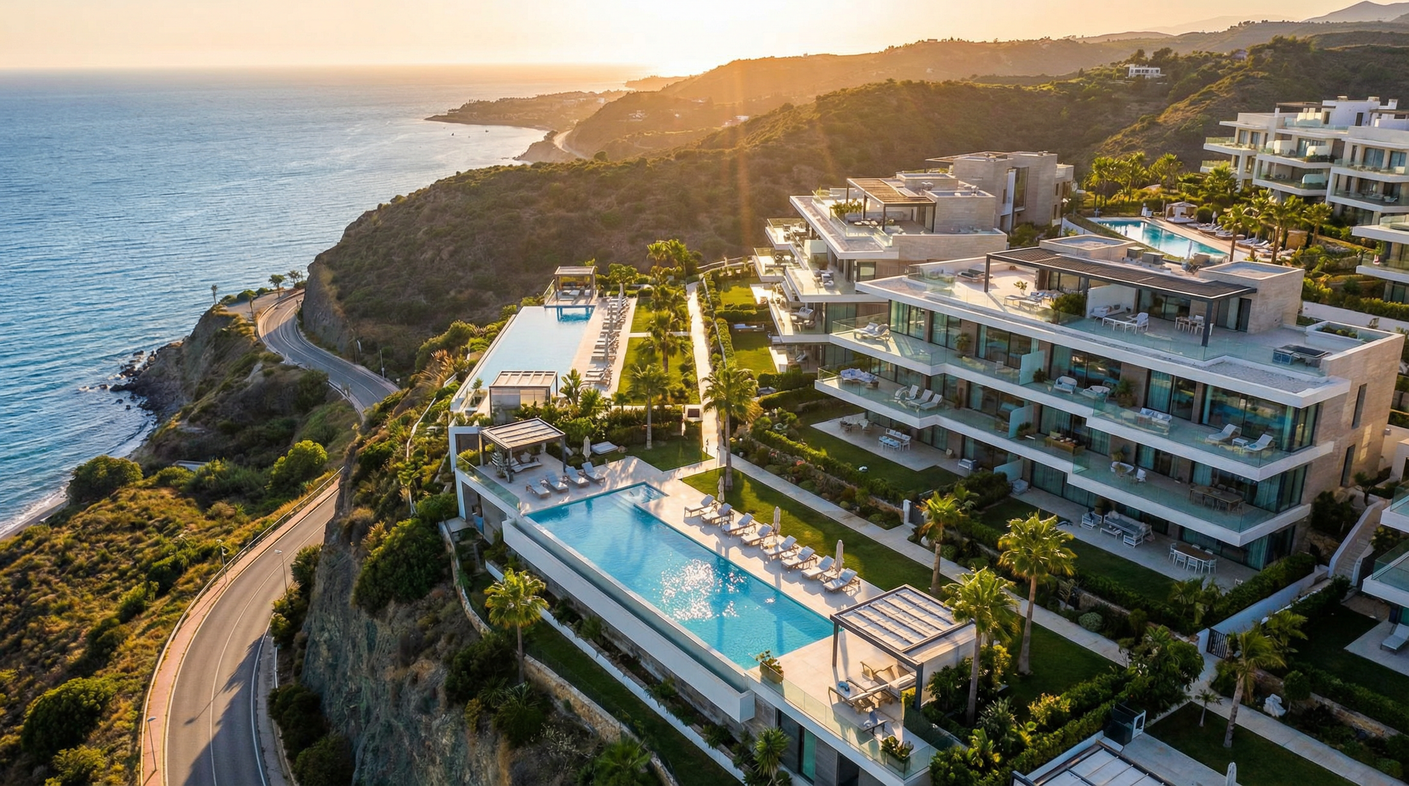 Ilmakuva luksusbrändätystä asunnosta Costa del Solilla, moderni arkkitehtuuri ja upea auringonlasku, infinity-allas ja Välimeren maisema.