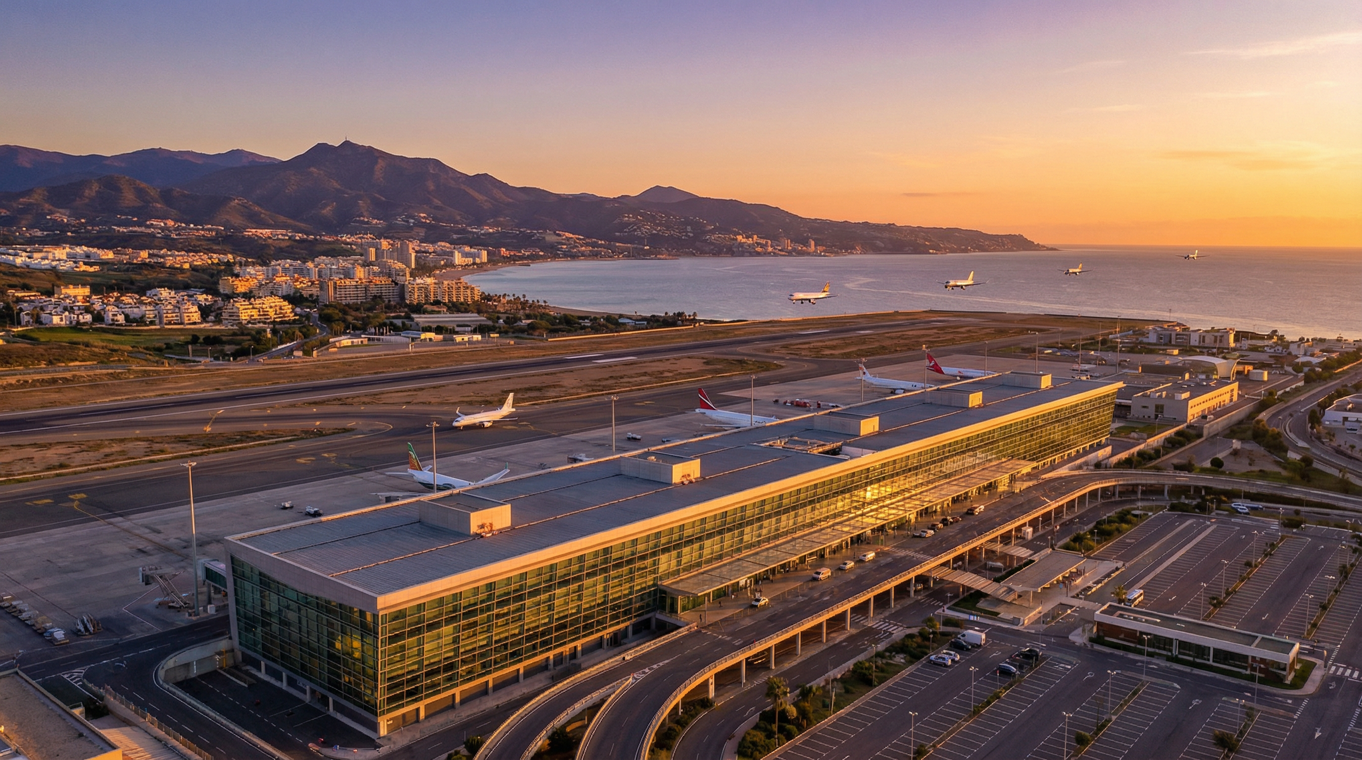 Aerial view of Málaga Lufthavn ved solnedgang, med Costa del Sols kystlinje og byerne Marbella, Benalmádena og Fuengirola i baggrunden.