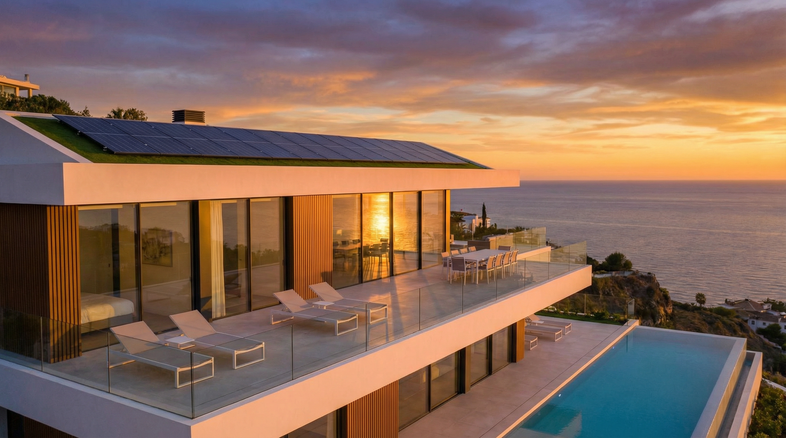 Stunning sunset over a modern off-plan property on the Costa del Sol, showcasing sleek design, terrace with sea views, and energy-efficient features.