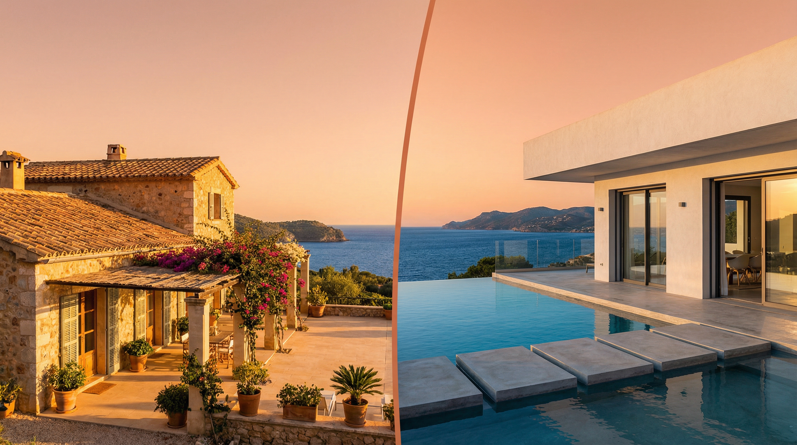 A Costa del Sol-i mediterrán villa és modern otthon lenyűgöző kettőssége, a tengerparti táj gyönyörű hátterével.