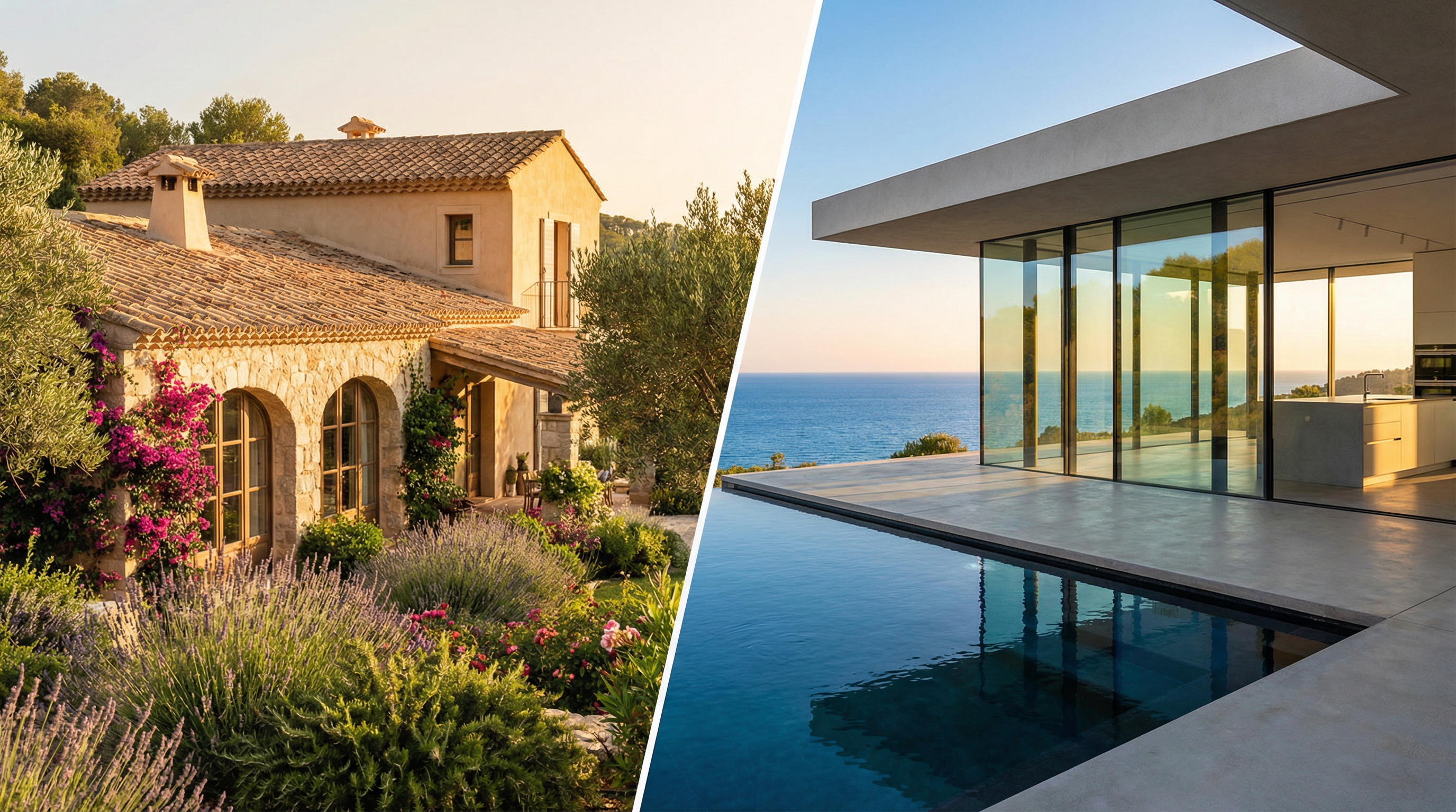 A split-image of a Mediterranean villa with terracotta roofs and a contemporary home with glass panels, showcasing Costa del Sol's architectural beauty.