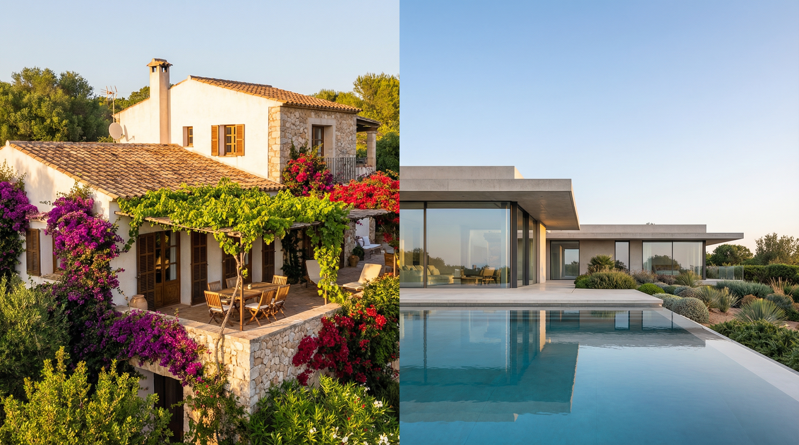 En vakker sammensatt bilde av middelhavsvilla med terrakottatak og moderne bolig i Costa del Sol, som fremhever arkitektonisk kontrast.