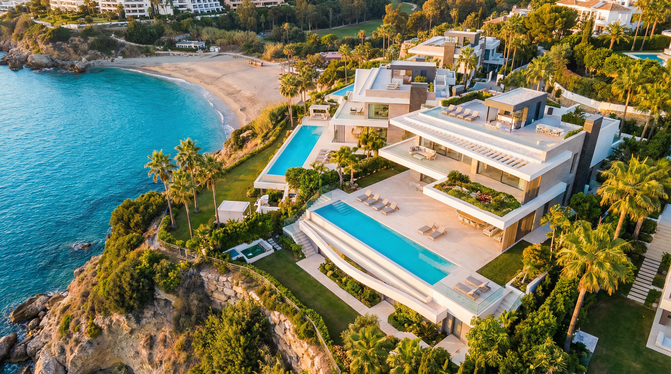 Luftbilde av luksuriøs merkevarebolig på Costa del Sol med moderne arkitektur, terrasser med havutsikt og palmer.
