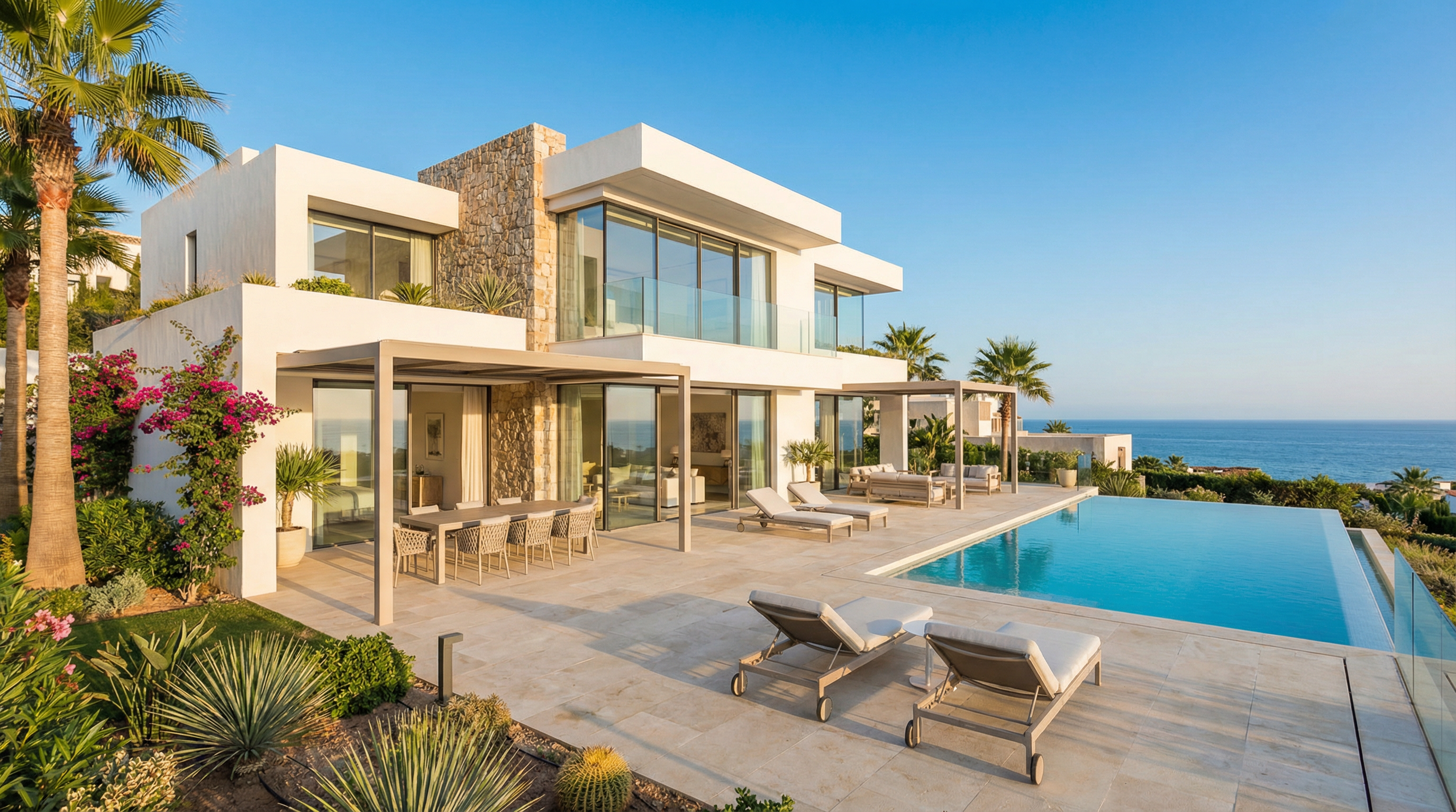 Luxus márkázott lakás Costa del Solon, modern villa tágas üvegablakokkal, végtelen medencével és gyönyörű kertekkel a Földközi-tenger mellett.