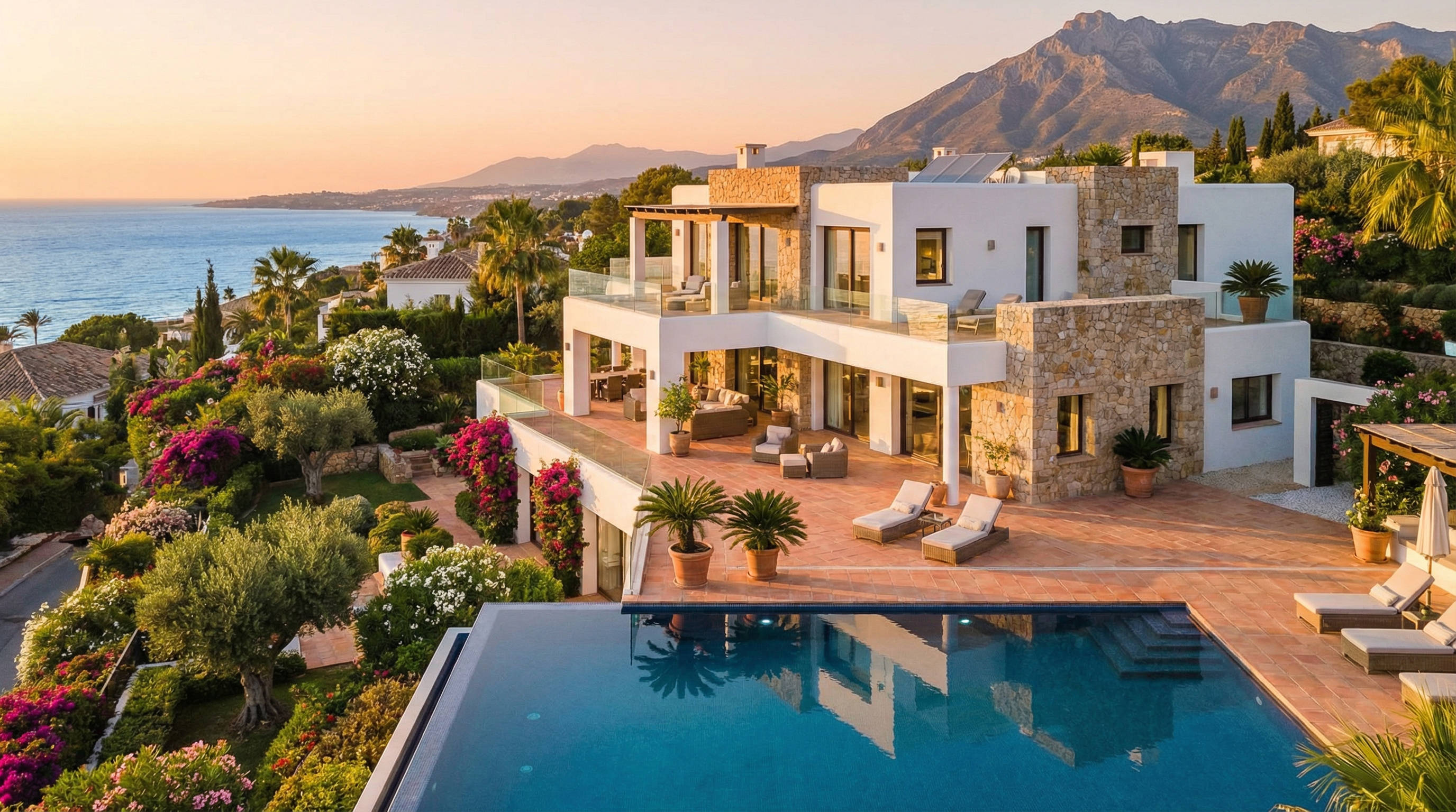 Luxus villa a Costa del Sol-on, mediterrán építészeti stílusban, tágas teraszokkal és végtelen medencével, csodás tengerre néző kilátással.