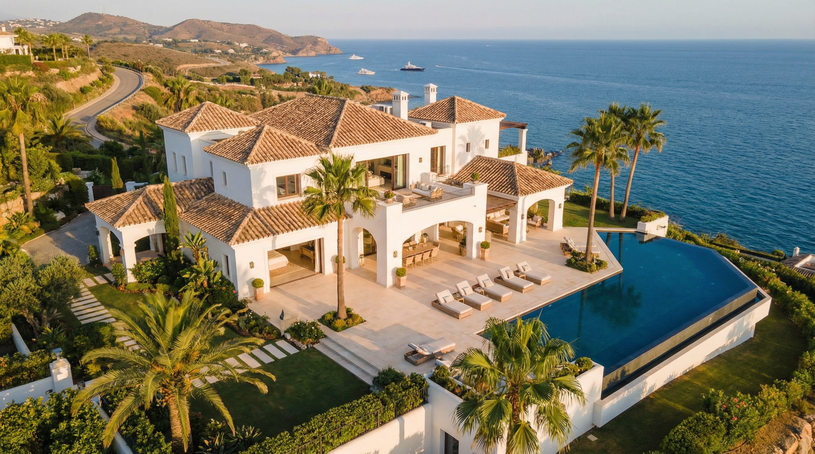 Ilmakuva upeasta luksusvillasta Costa del Solilla, jossa on välimerellinen arkkitehtuuri, palmupuita ja äärettömän uima-altaan heijastus taivaansinisessä meressä.