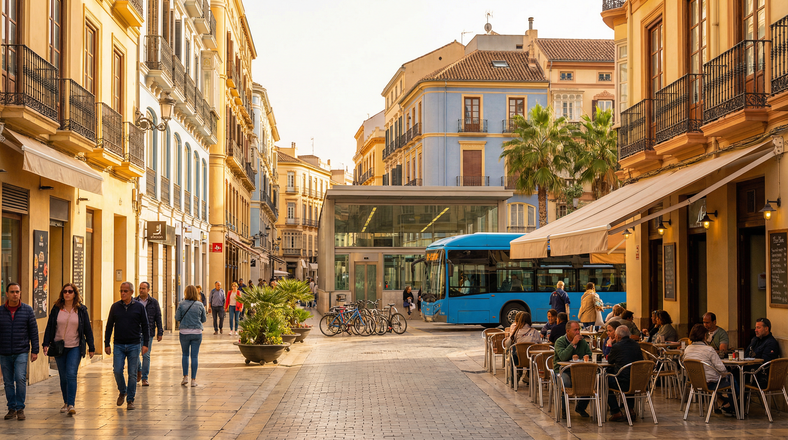 Tętniąca życiem ulica w Málaga Centro, z pieszymi na słonecznych chodnikach, nowoczesnym transportem publicznym i kawiarniami na świeżym powietrzu.
