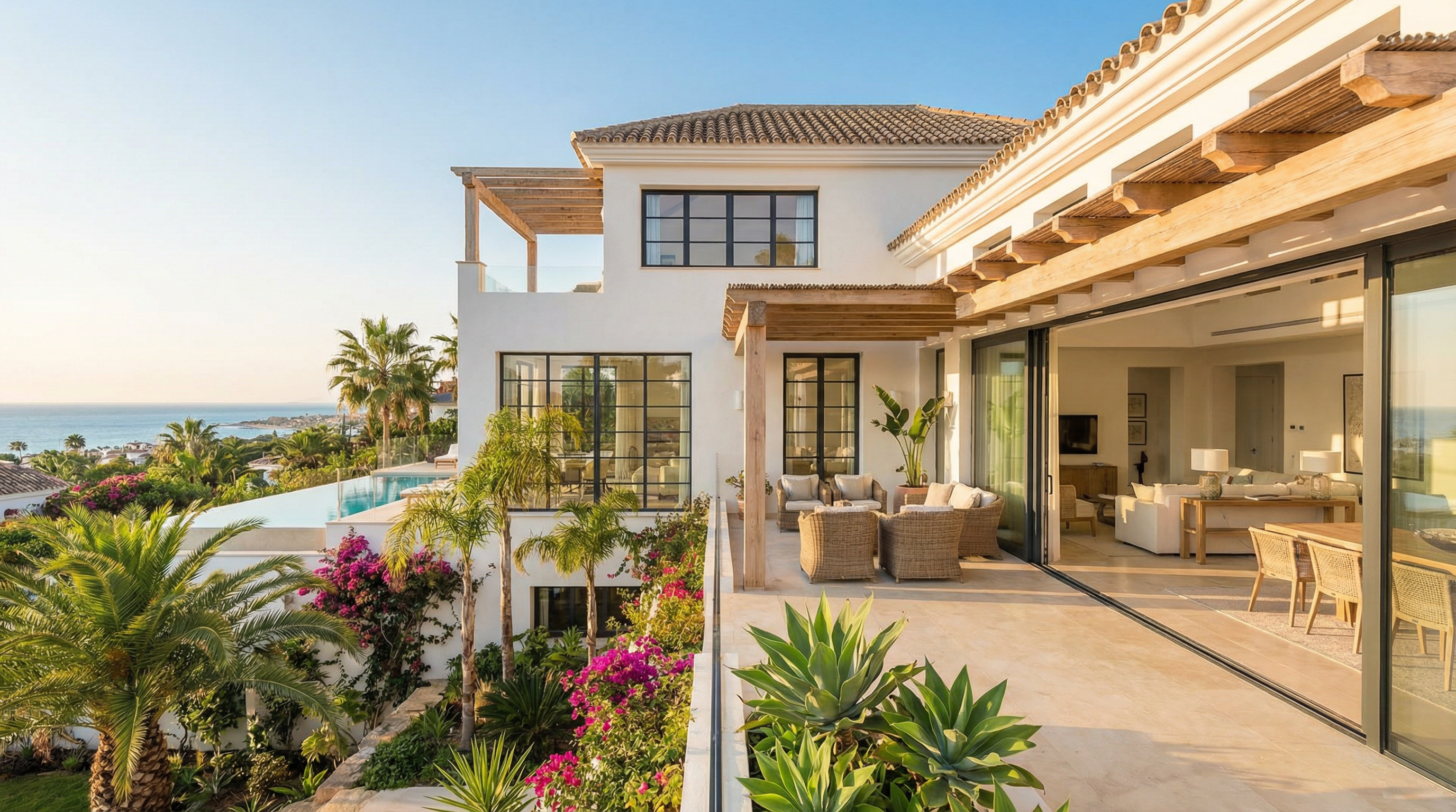 A modern Mediterranean-style villa on the Costa del Sol featuring white-washed walls, lush landscaping, and stunning coastal views.