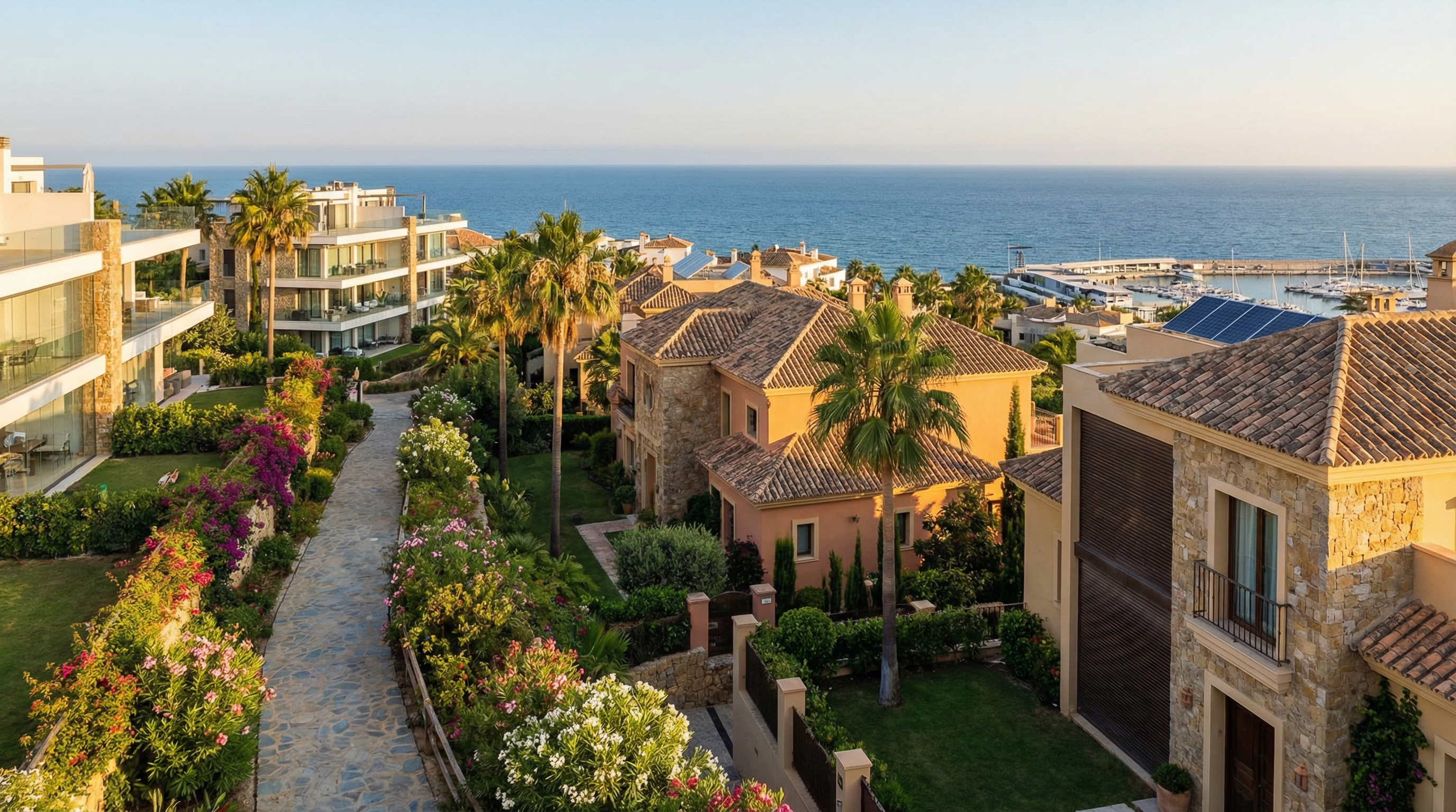Panoramic view of an upscale residential area in Costa del Sol, showcasing luxurious villas and contemporary apartments with the Mediterranean Sea in the background.