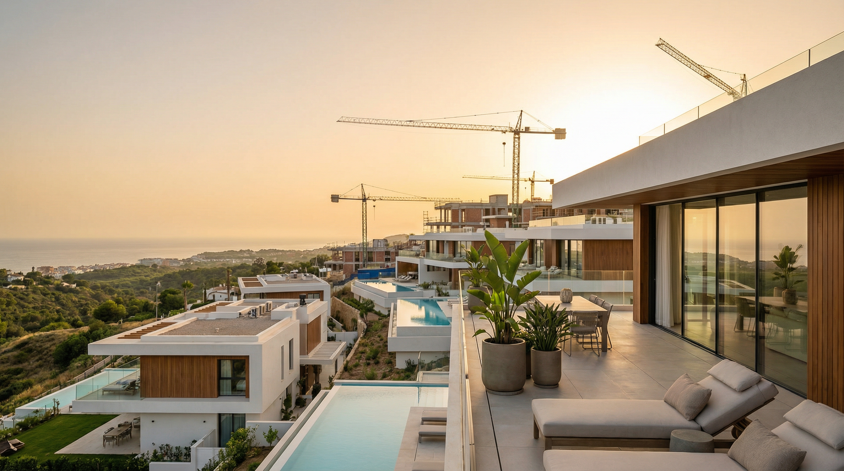 A stunning modern off-plan property development on the Costa del Sol, featuring contemporary architecture and a scenic terrace overlooking the Mediterranean coastline.