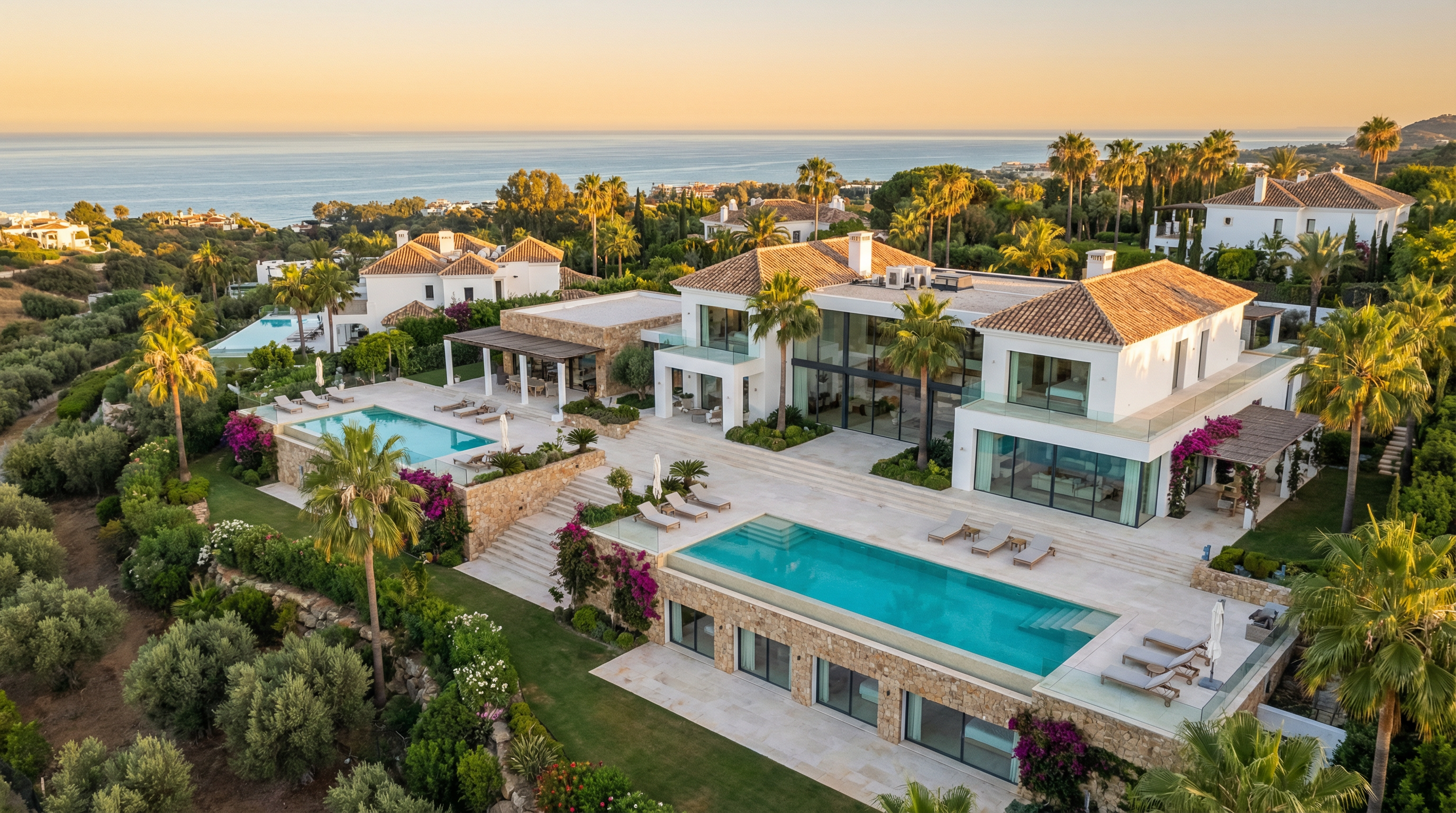 Aerial view of a luxurious villa in Costa del Sol, featuring modern architecture, lush gardens, and stunning sea views, ideal for investment.