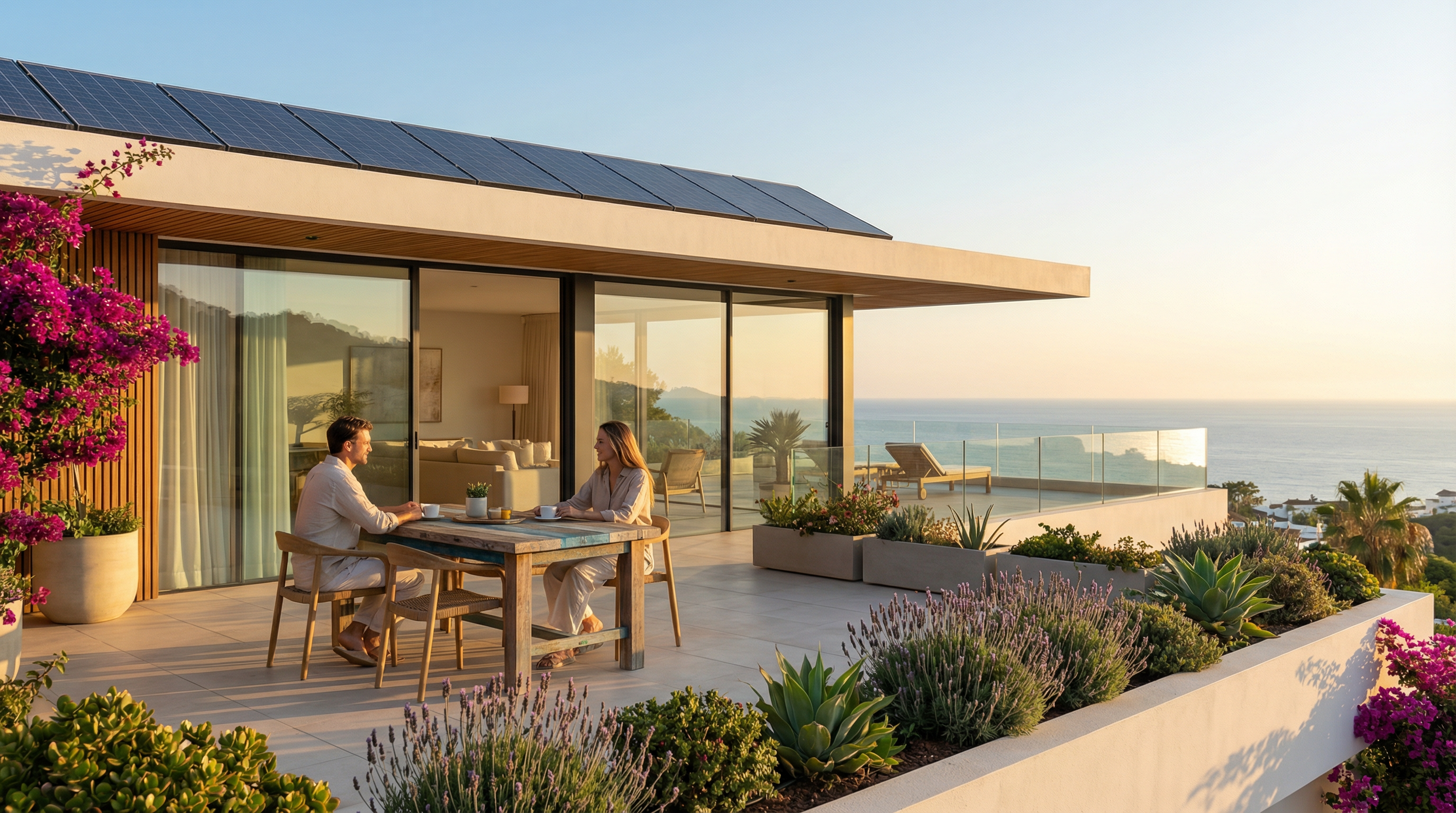A sunlit terrace of a modern energy-efficient villa in Costa del Sol, Spain, featuring a couple enjoying coffee with stunning Mediterranean views.