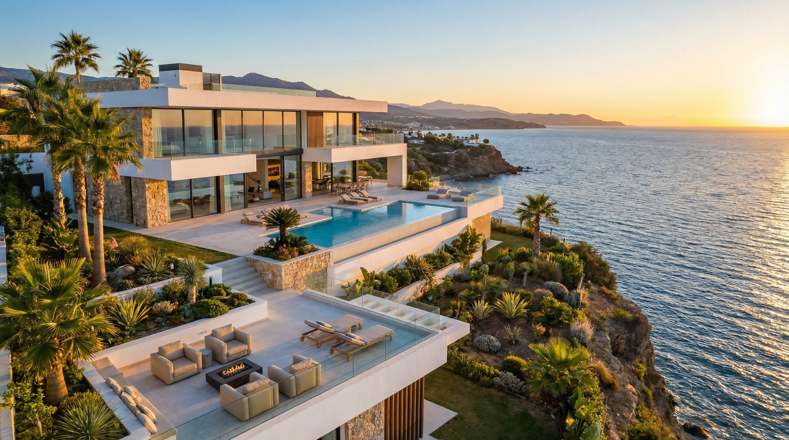 Aerial view of a modern luxury villa in Estepona, Costa del Sol, featuring sleek design, large glass facades, and ocean views.