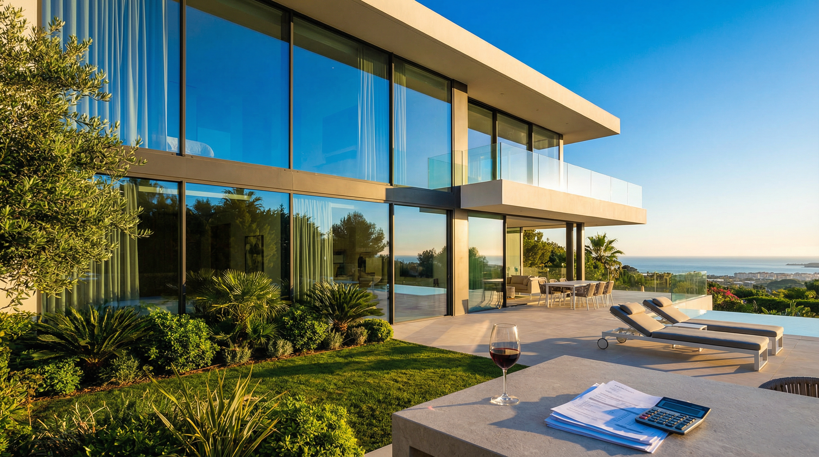 Modern villa in Costa del Sol with large glass windows reflecting the blue sky, surrounded by lush greenery and a manicured garden, showcasing Mediterranean lifestyle.