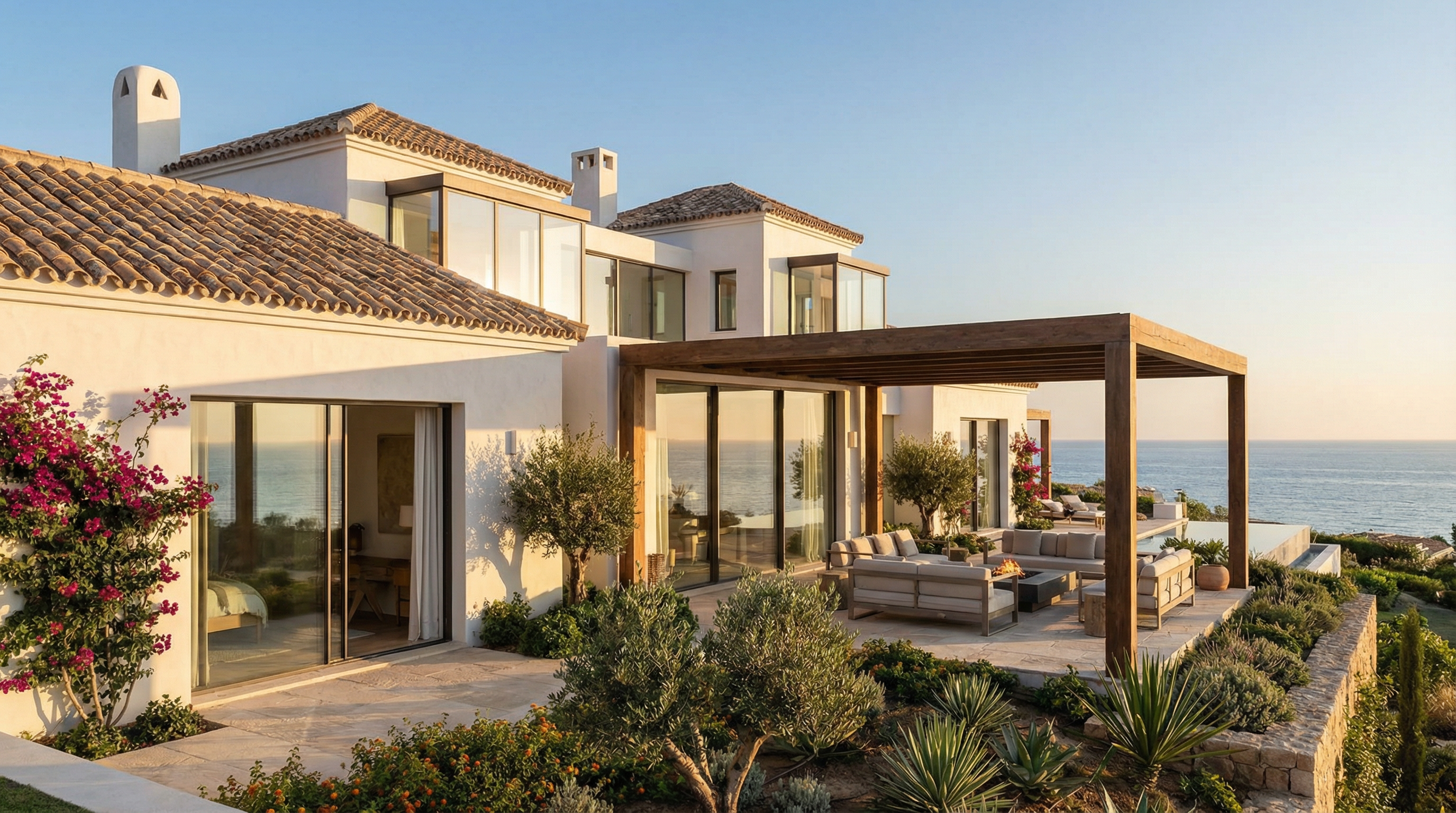 Elegant villa på Costa del Sol med vitkalkade väggar och moderna glaspartier, omgiven av medelhavsväxter och havsutsikt.