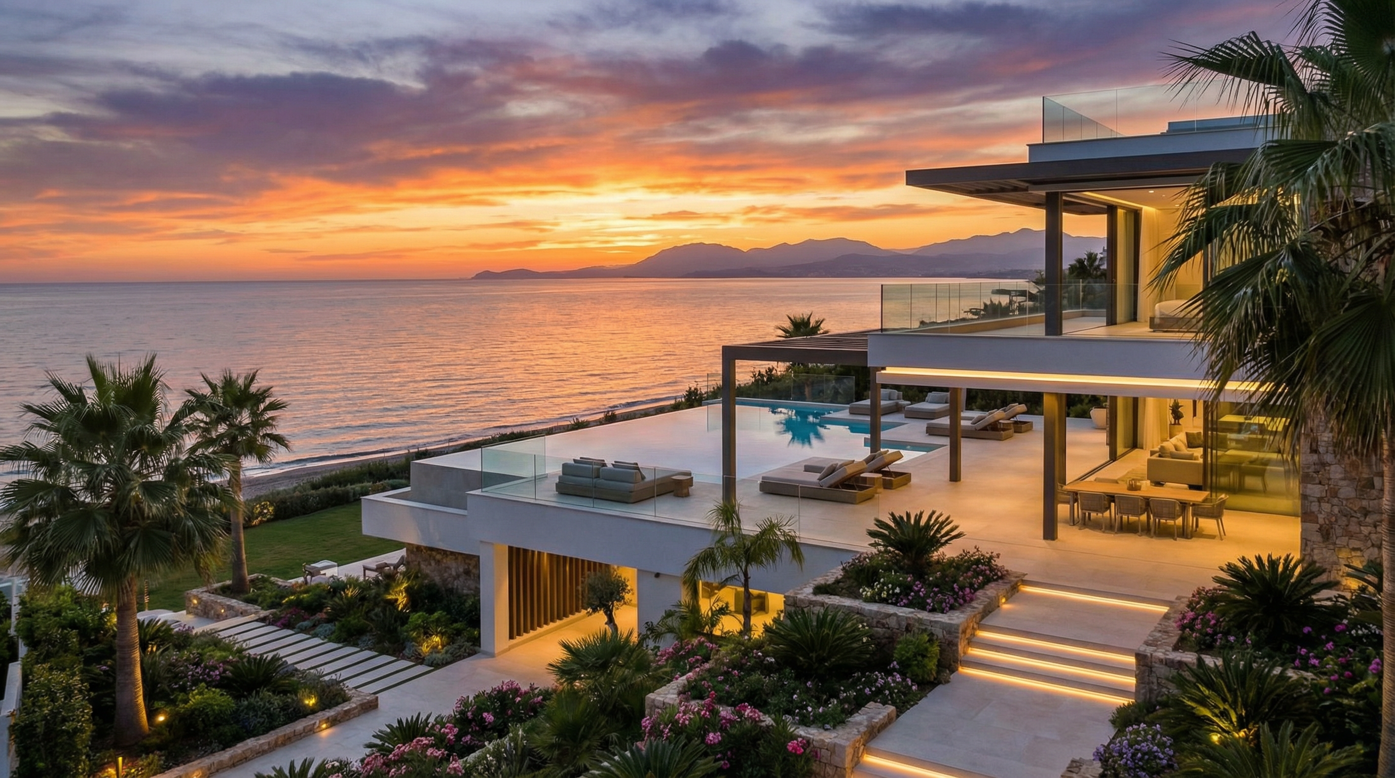 Adembenemende zonsondergang boven een luxe villa aan het strand in Costa del Sol, met moderne architectuur en een panoramisch uitzicht op de Middellandse Zee.