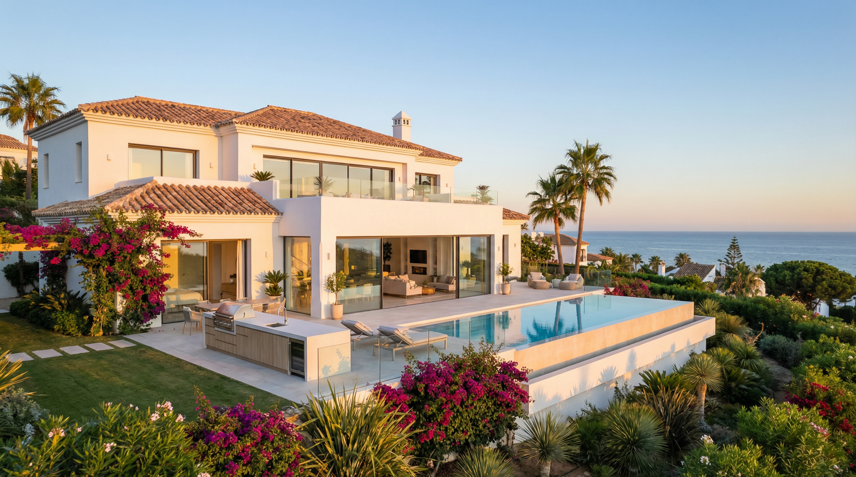 Villa côtière sur la Costa del Sol alliant architecture méditerranéenne traditionnelle et design contemporain, avec vue sur la mer.