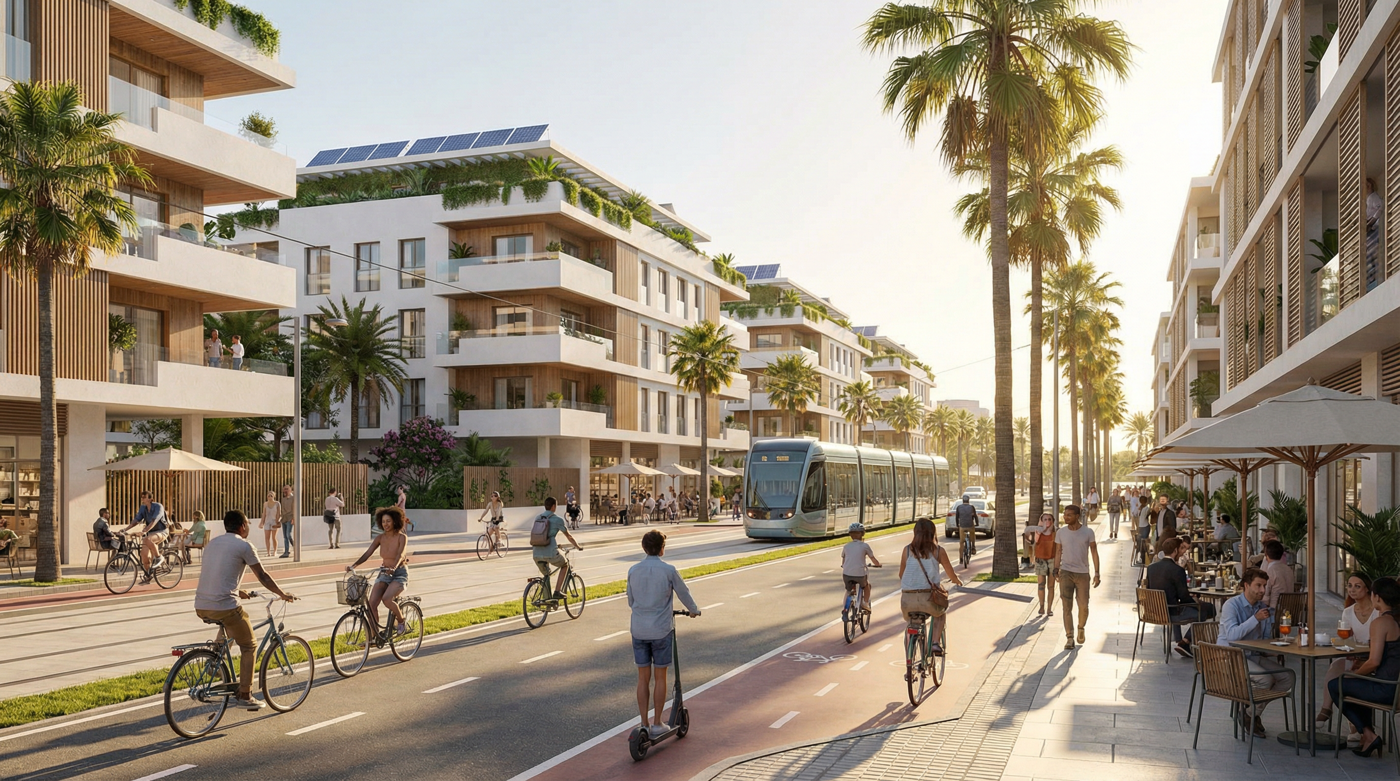 Nowoczesna ulica na Costa del Sol z eleganckimi budynkami mieszkalnymi, rowerami, hulajnogami elektrycznymi i tramwajem, w słonecznym otoczeniu.