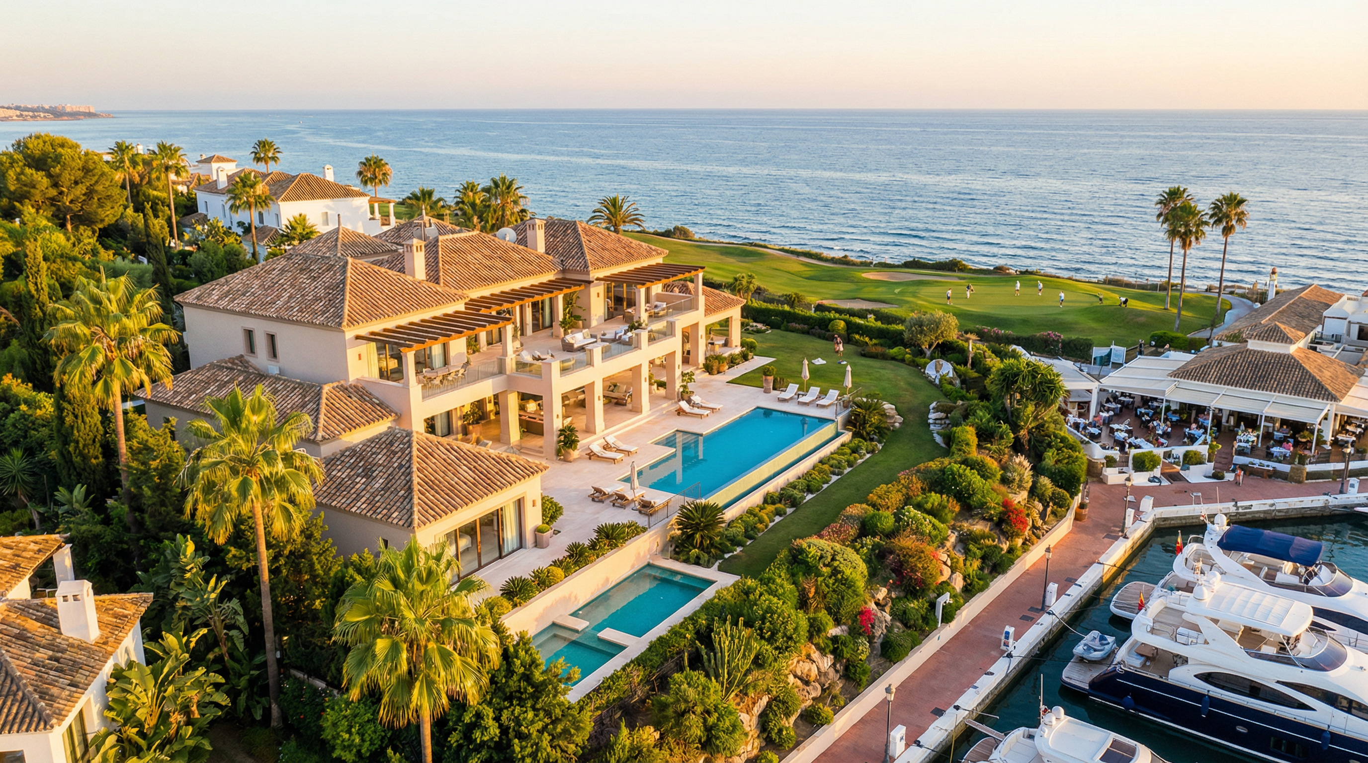 Luchtfoto van een luxe kustwoning in Costa del Sol, met moderne mediterrane architectuur en uitzicht op de Middellandse Zee, omgeven door palmbomen.