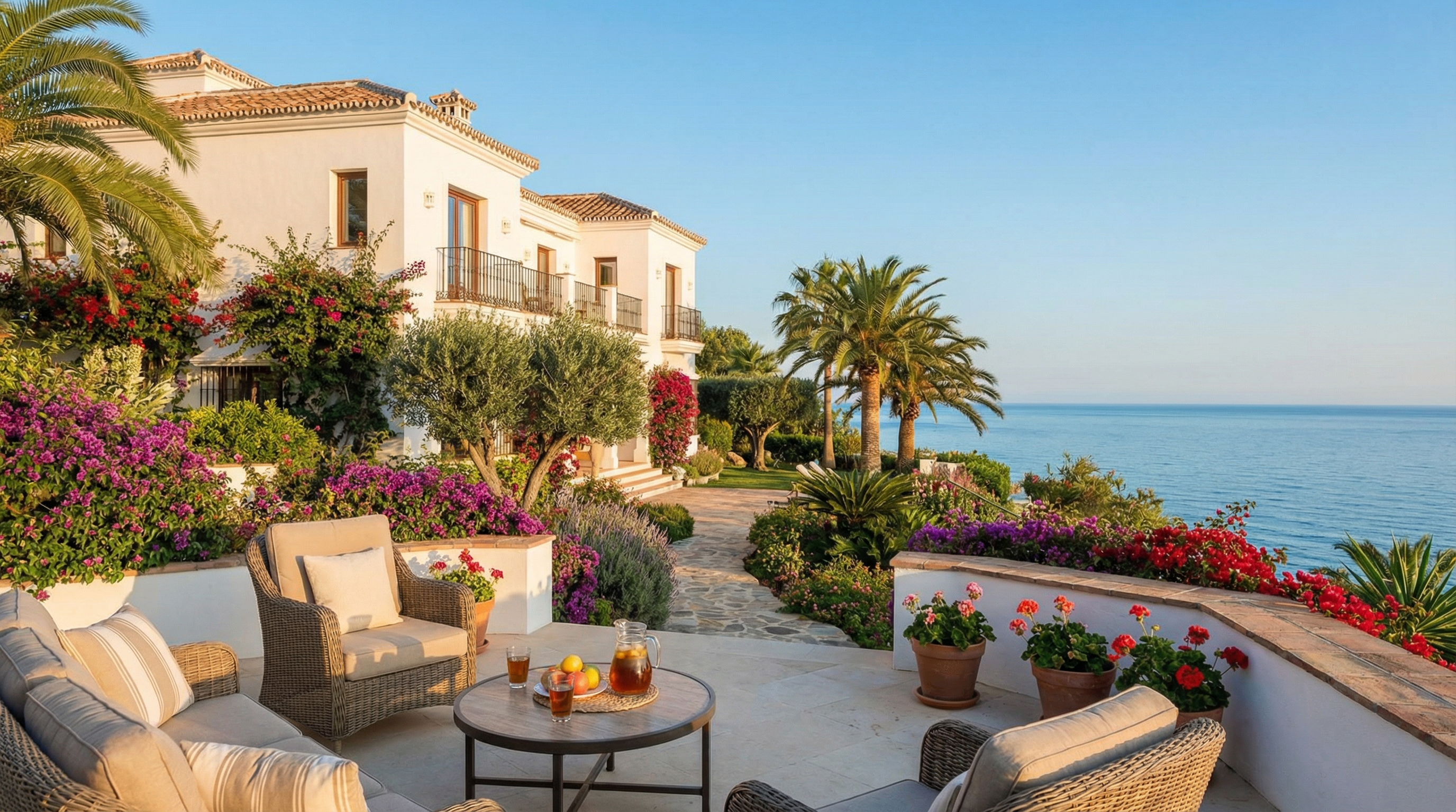 Charming Mediterranean villa in Costa del Sol surrounded by lush gardens and palm trees, reflecting retirement living with coastal views.