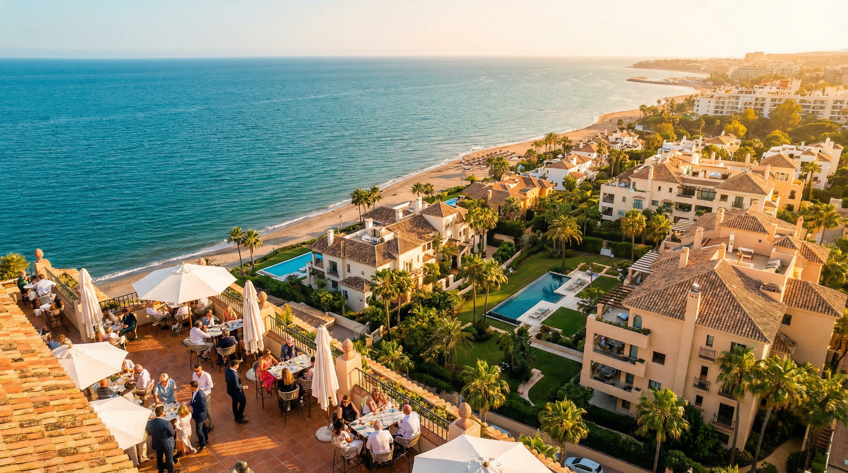 Vue aérienne de la Costa del Sol montrant des propriétés luxueuses à Marbella et Estepona, avec des plages de sable, des cafés animés et une ambiance méditerranéenne.