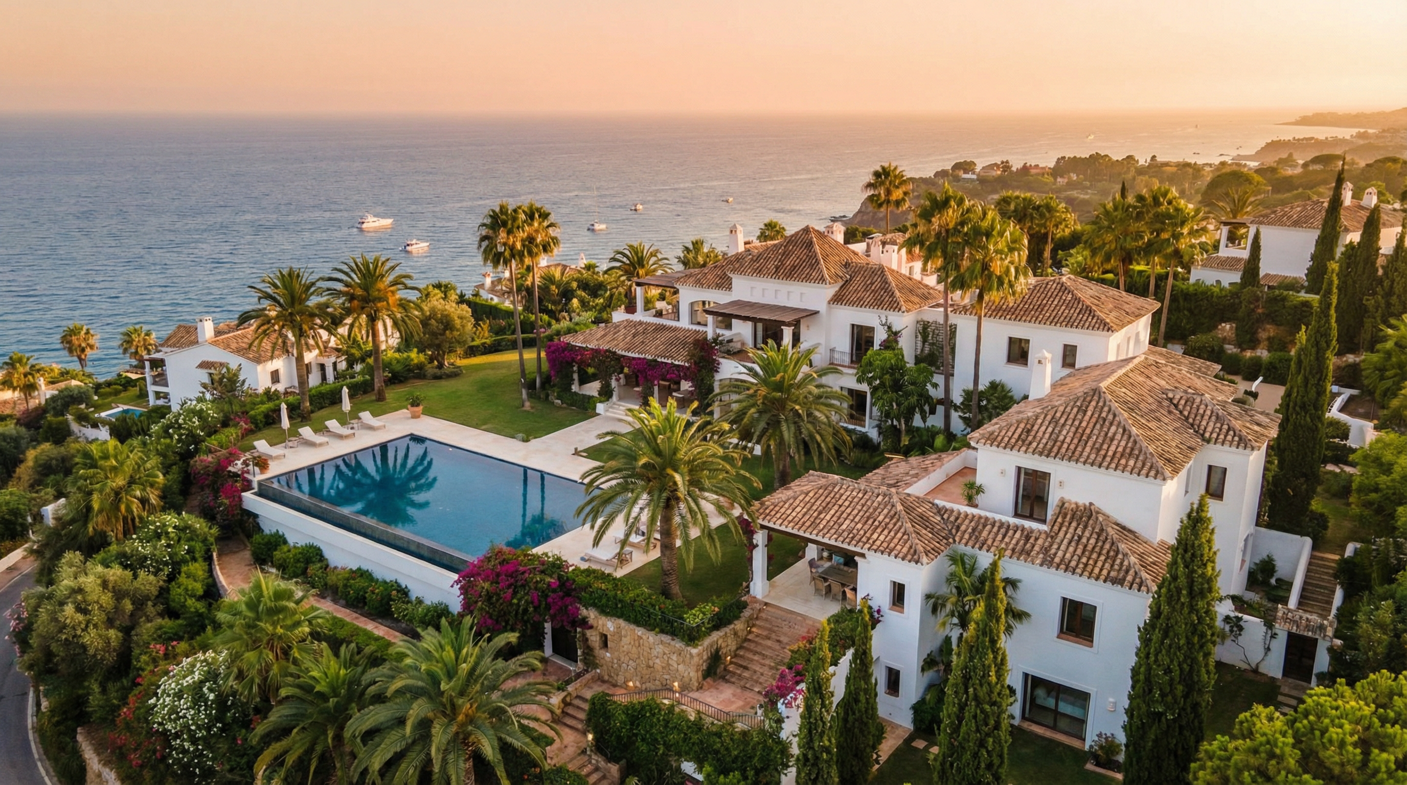 Vue aérienne d'une villa luxueuse sur la Costa del Sol, avec architecture méditerranéenne, piscine, jardins verdoyants et mer Méditerranée en arrière-plan.