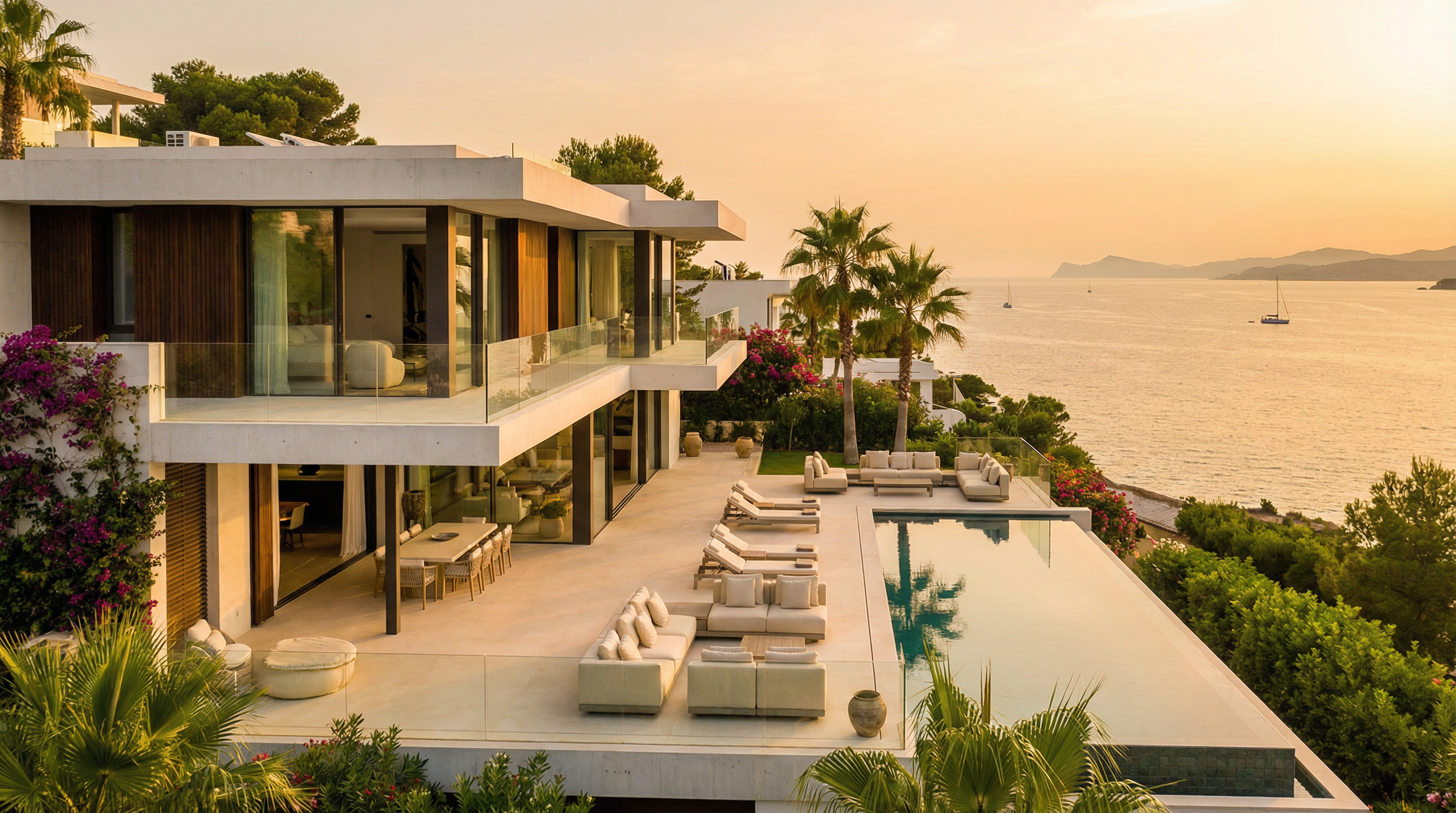 Vue époustouflante d'une résidence de luxe sur la Costa del Sol, avec architecture méditerranéenne moderne et terrasse ensoleillée surplombant la mer.