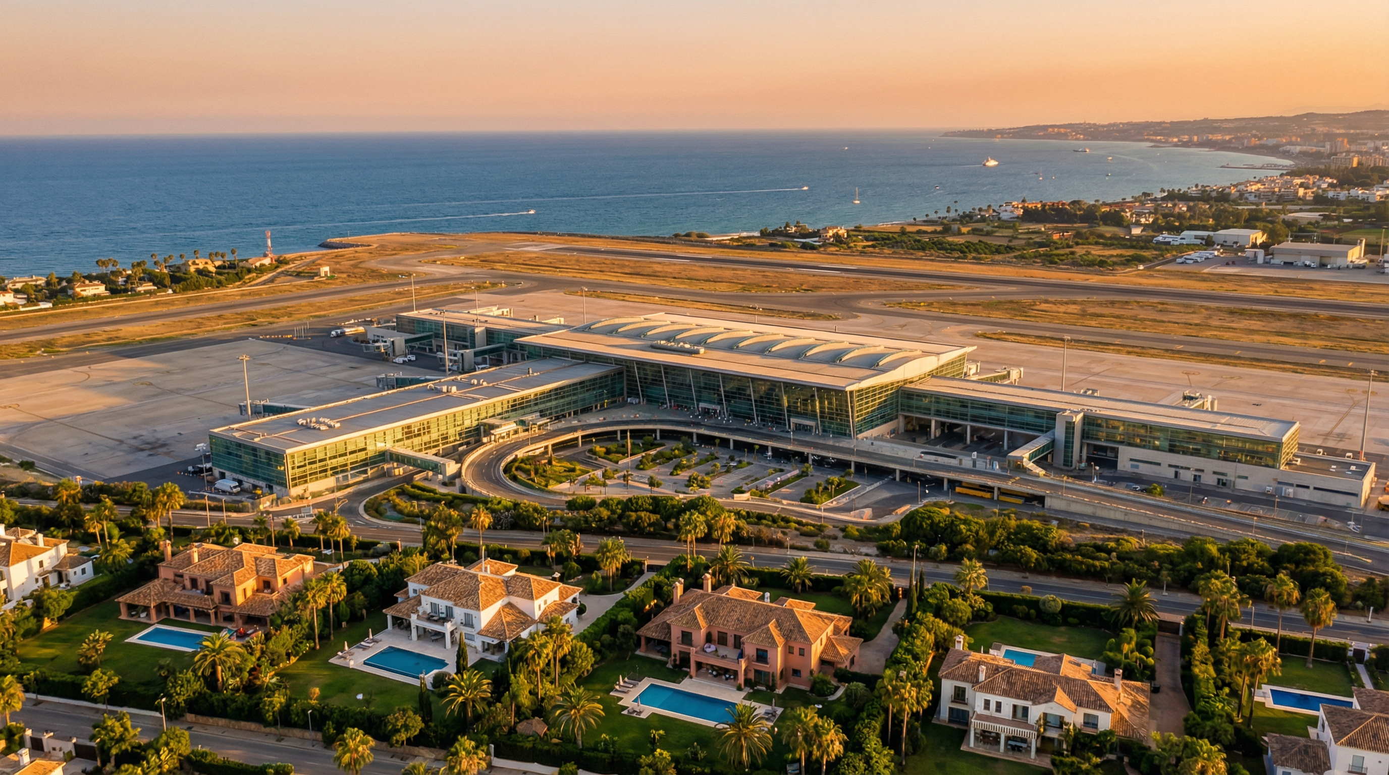 Aerial view of Málaga Airport with modern architecture, surrounded by the Costa del Sol coastline and luxury villas in golden hour sunlight.