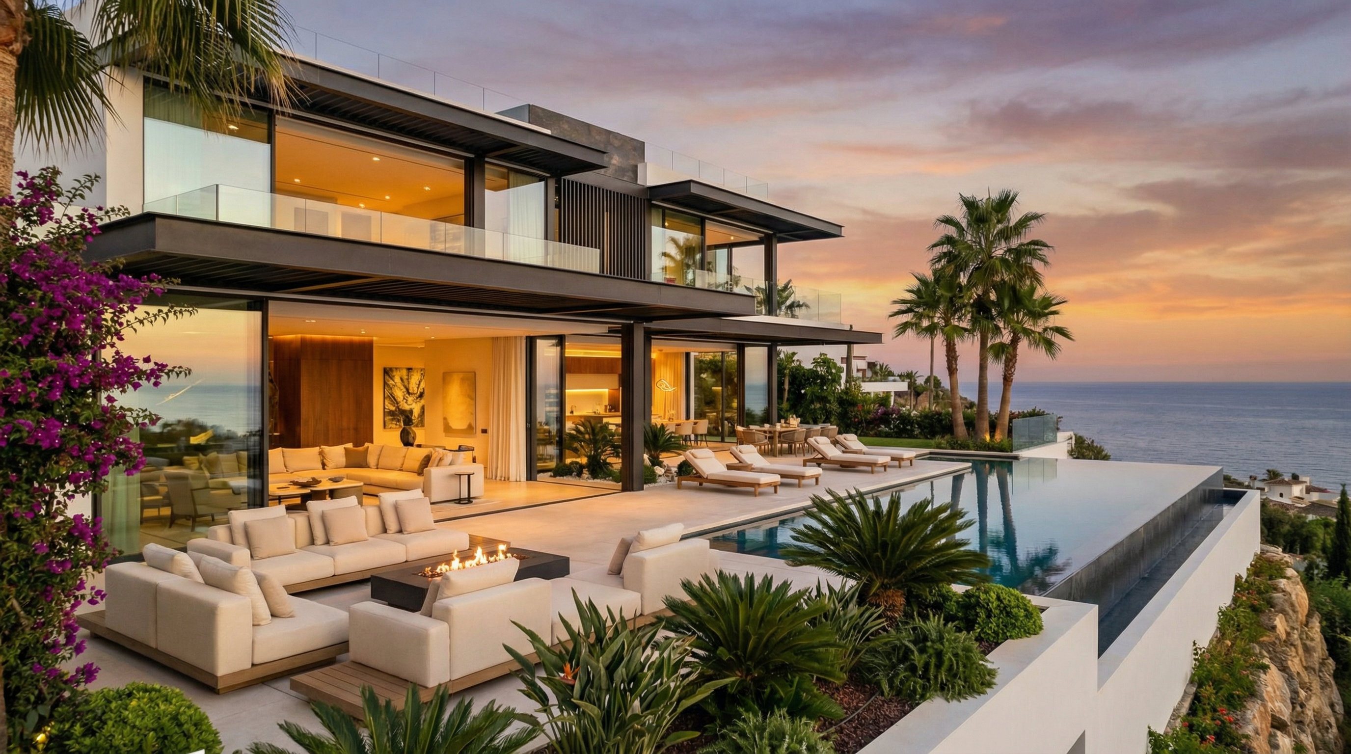 Vue spectaculaire d'une résidence de marque sur la Costa del Sol, mettant en avant une architecture moderne et des espaces de vie intérieurs et extérieurs.