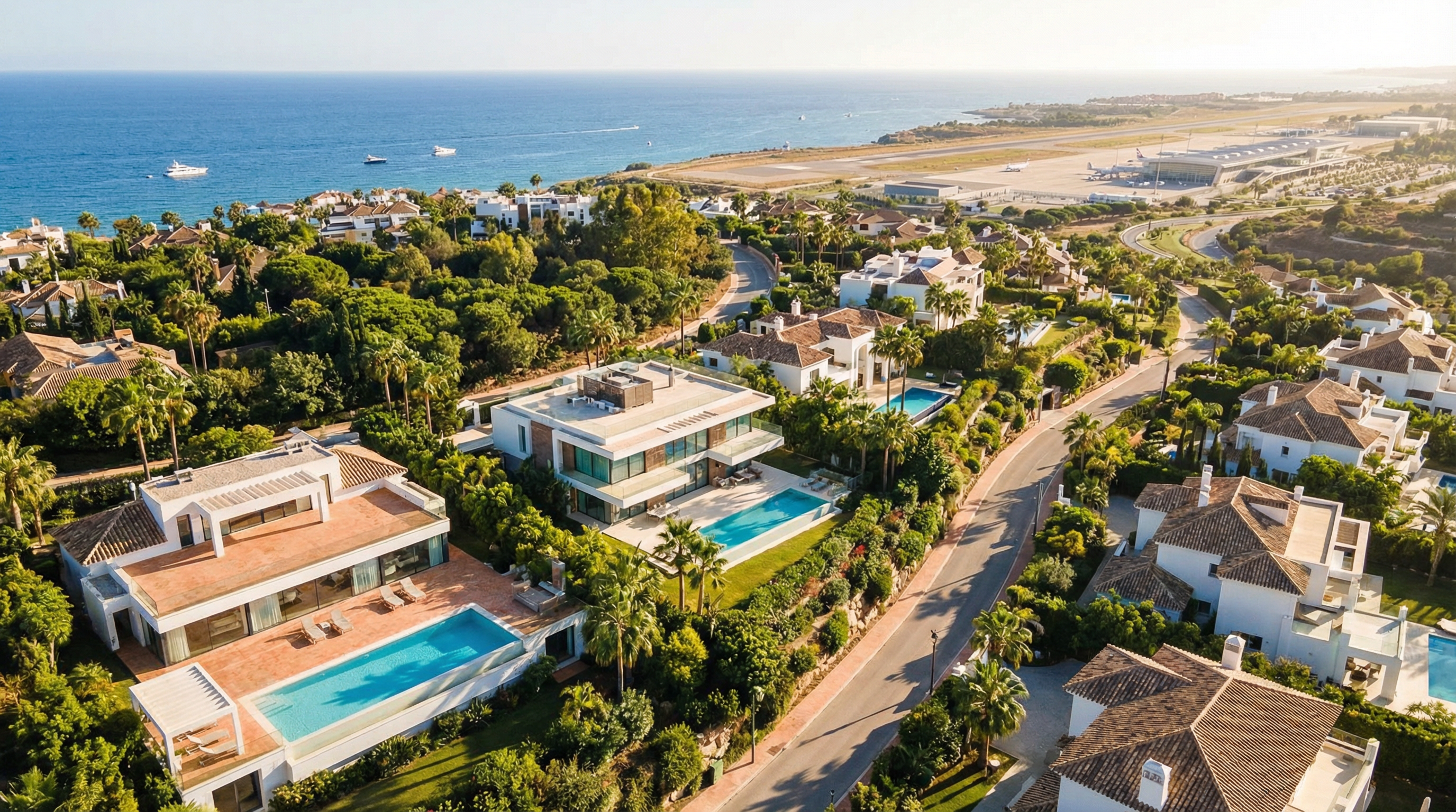 Widok z lotu ptaka na wybrzeże Costa del Sol z luksusowymi nieruchomościami w otoczeniu zieleni i Morza Śródziemnego, blisko lotniska w Maladze.