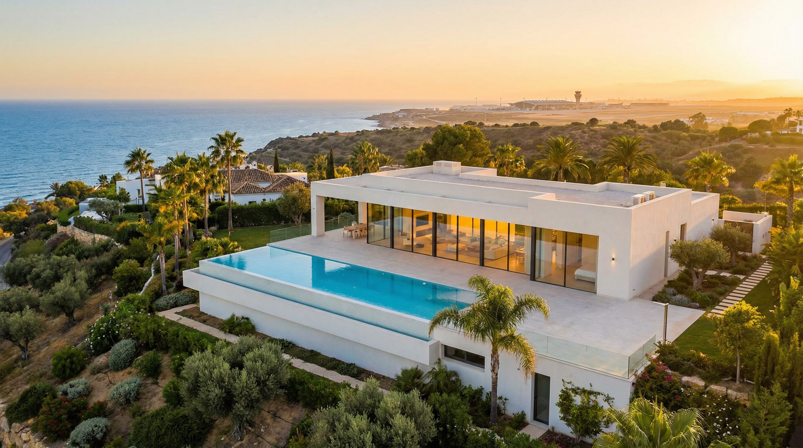 Luftbilde av en moderne villa i Marbella-Estepona-Mijas-korridoren, med utsikt over en glitrende infinity-pool og Málaga Lufthavn i bakgrunnen.