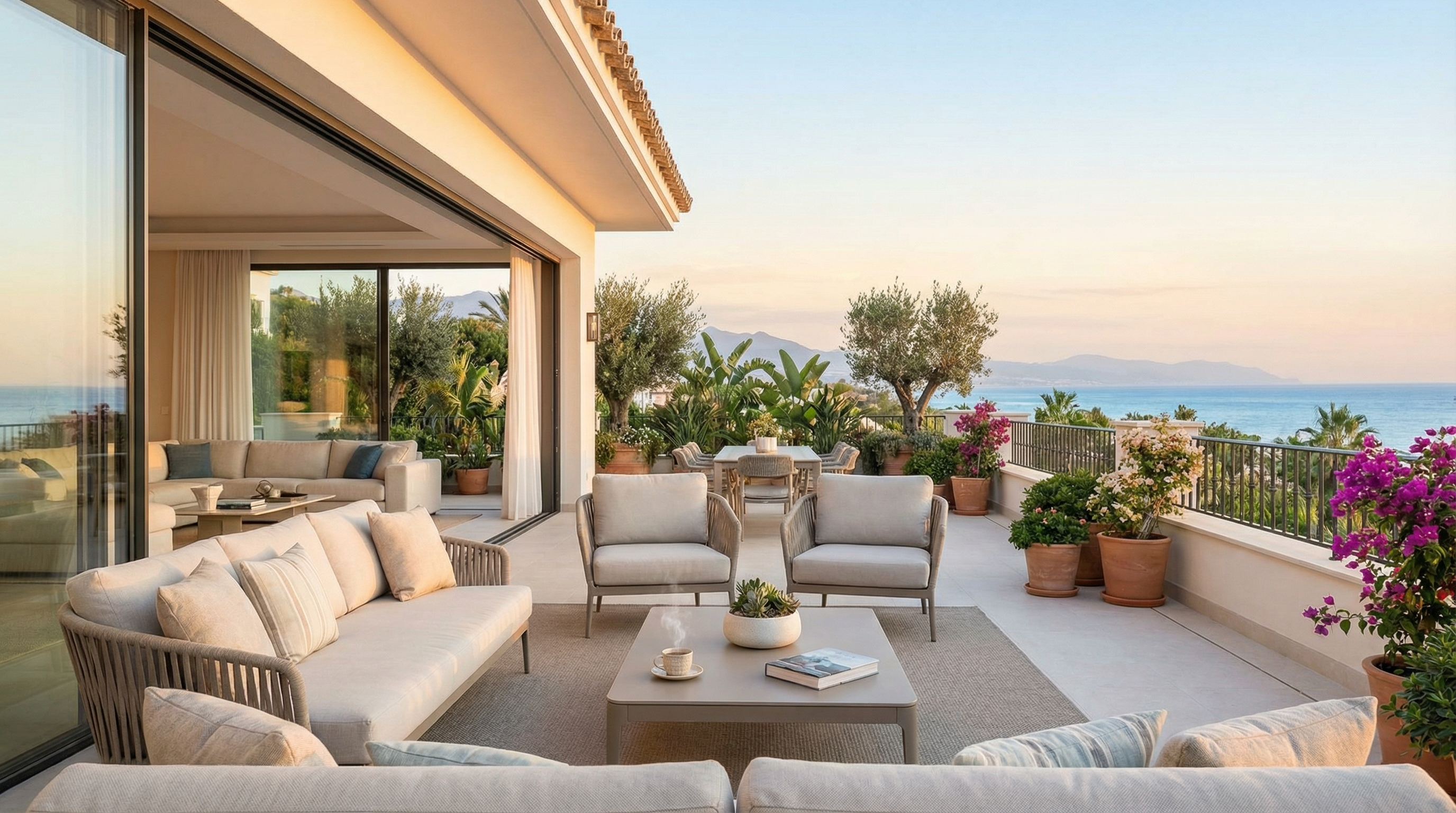 Luksusowa willa na Costa del Sol z tarasem, eleganckim meblami ogrodowymi i widokiem na Morze Śródziemne, o poranku z ciepłym światłem.
