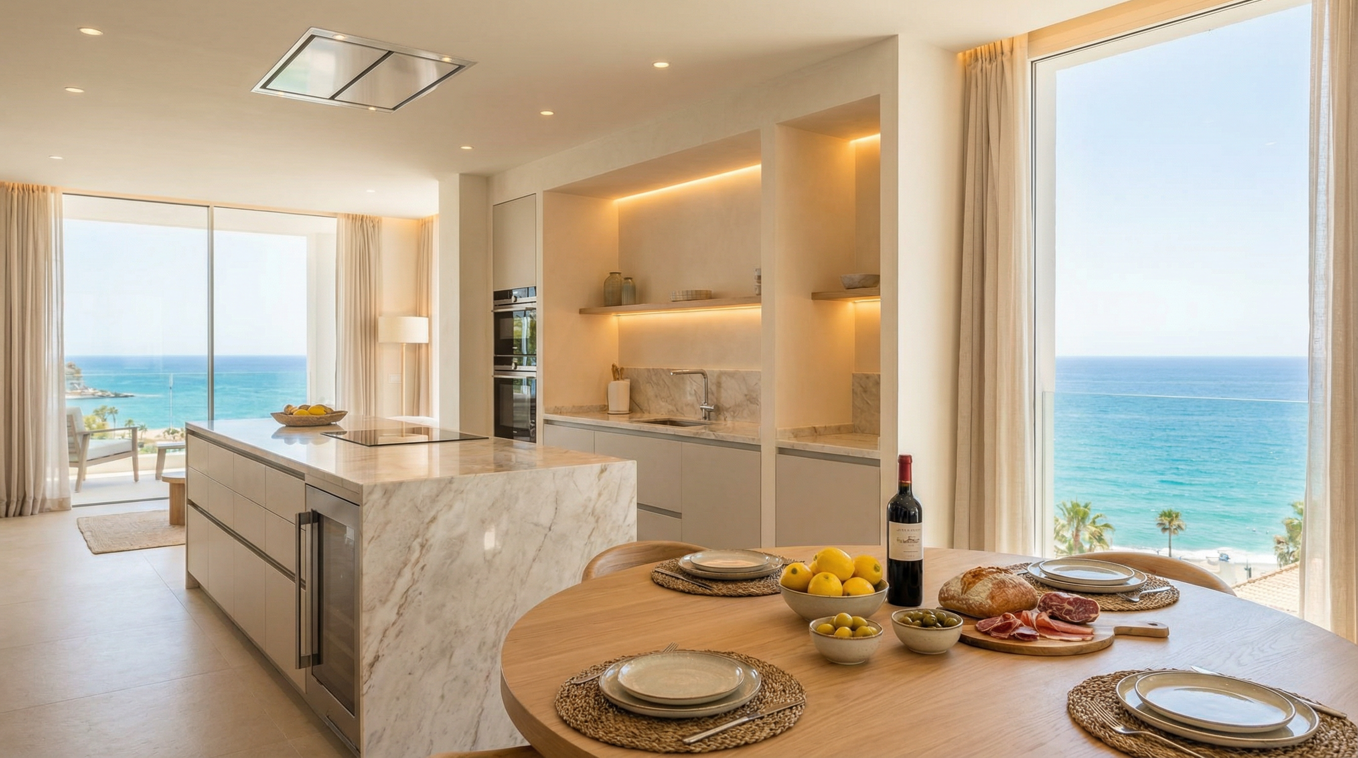 Luxurious kitchen in a high-end Costa del Sol apartment with marble countertops and a view of the Mediterranean Sea, featuring local produce.