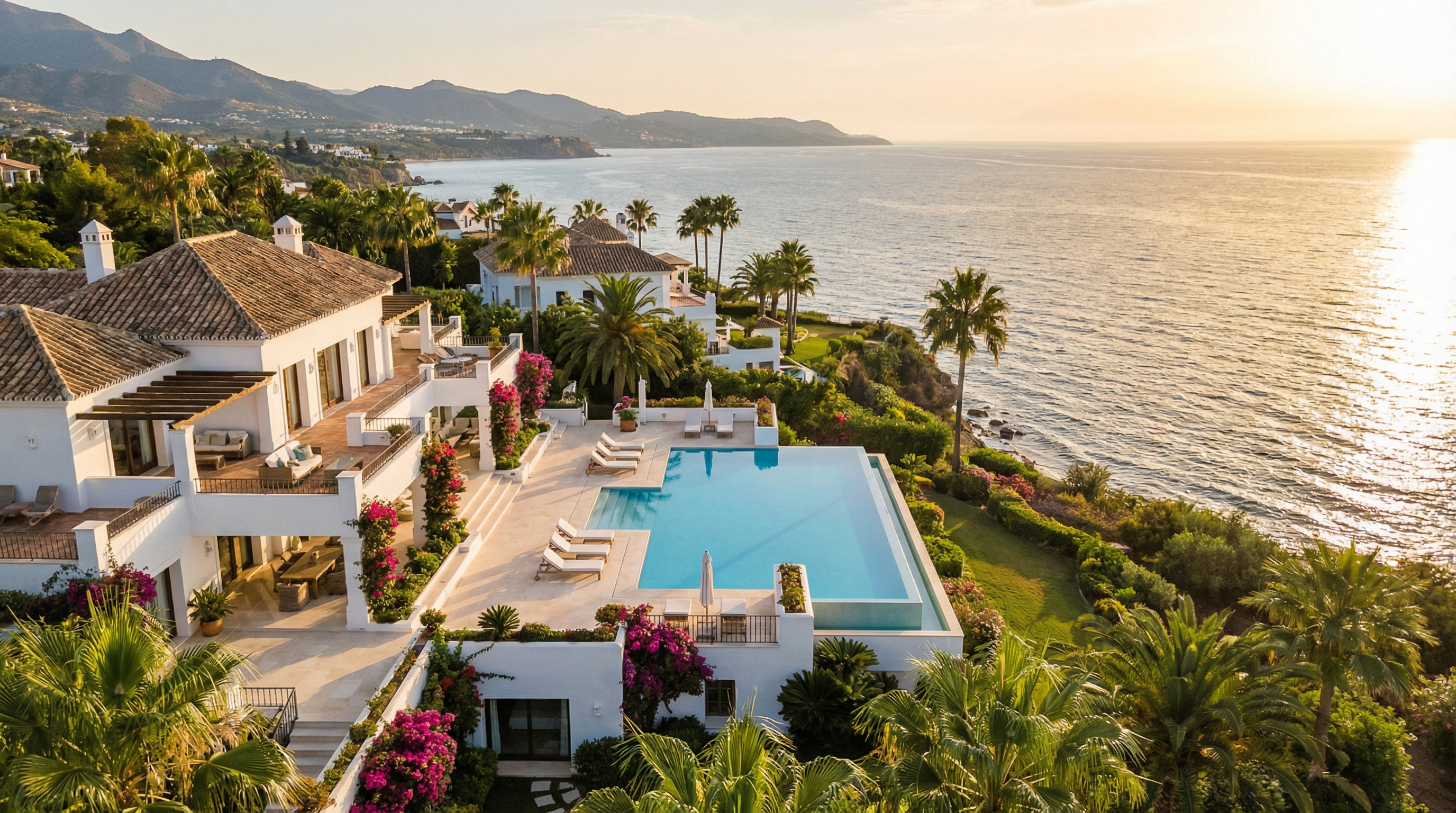 Aerial view of a luxurious villa in Costa del Sol, Spain, overlooking the Mediterranean Sea with expansive terraces and an infinity pool, surrounded by gardens and palm trees.