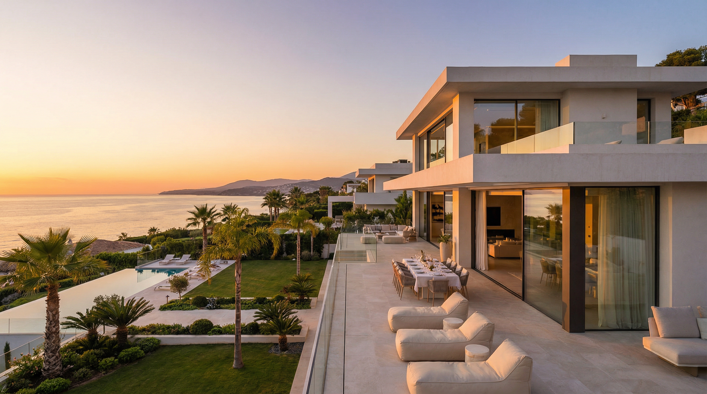 A modern new-build property on the Costa del Sol at sunset, showcasing sleek architecture, landscaped gardens, and the Mediterranean Sea.