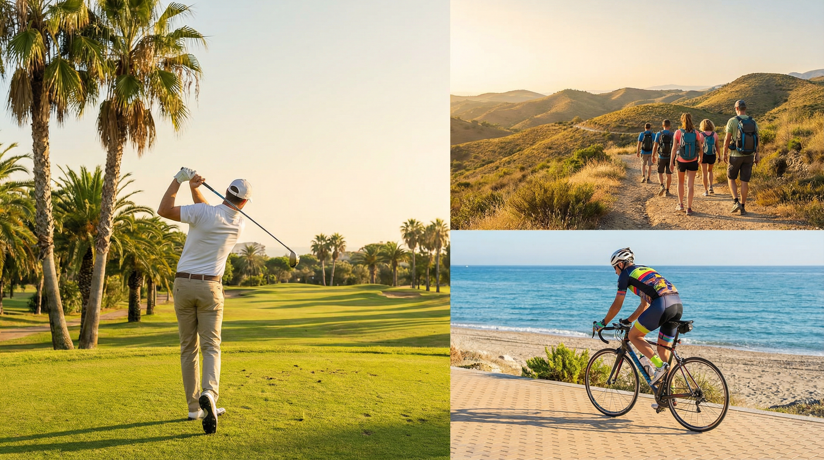 A lively outdoor scene in Costa del Sol featuring a golfer swinging, a cyclist on a coastal path, and hikers on scenic hills under a clear blue sky.