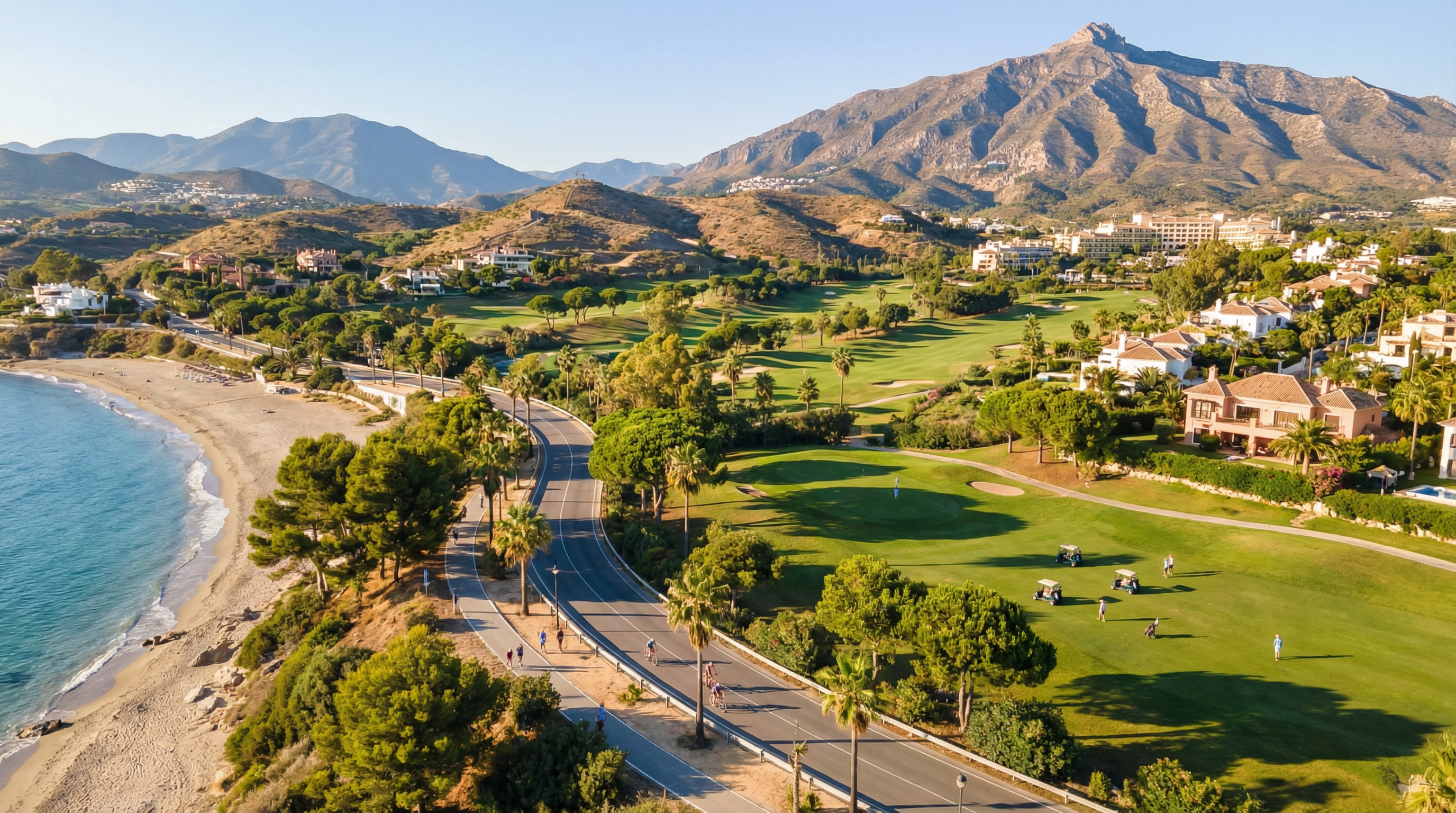 Aerial view of Costa del Sol's coastline featuring golfers on lush greens, cyclists on a coastal path, and hikers in pine trails, showcasing an active lifestyle.