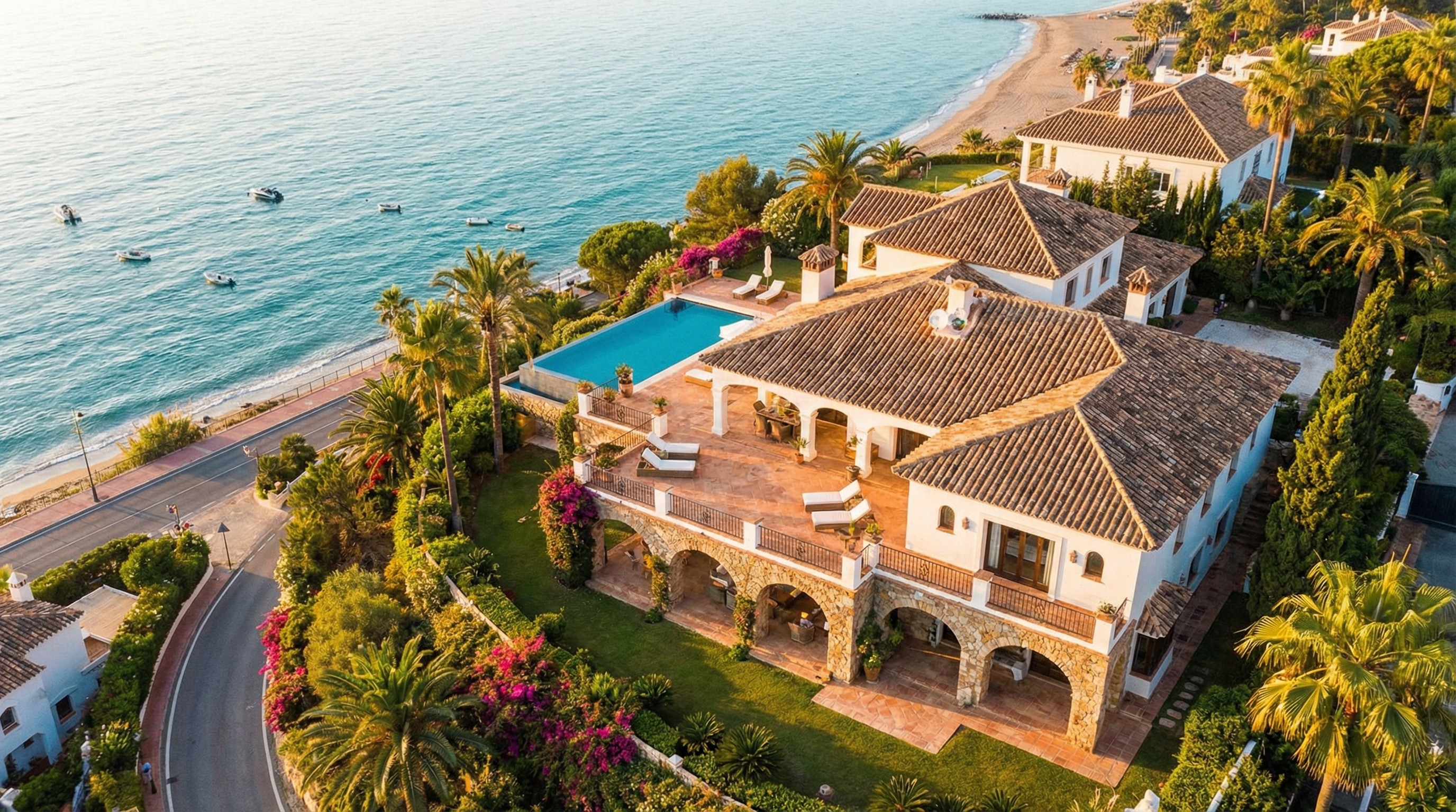 Luftfoto af en luksuriøs villa i Marbella, Costa del Sol, med terracotta-tag, store terrasser og smukke haver ved solnedgang.