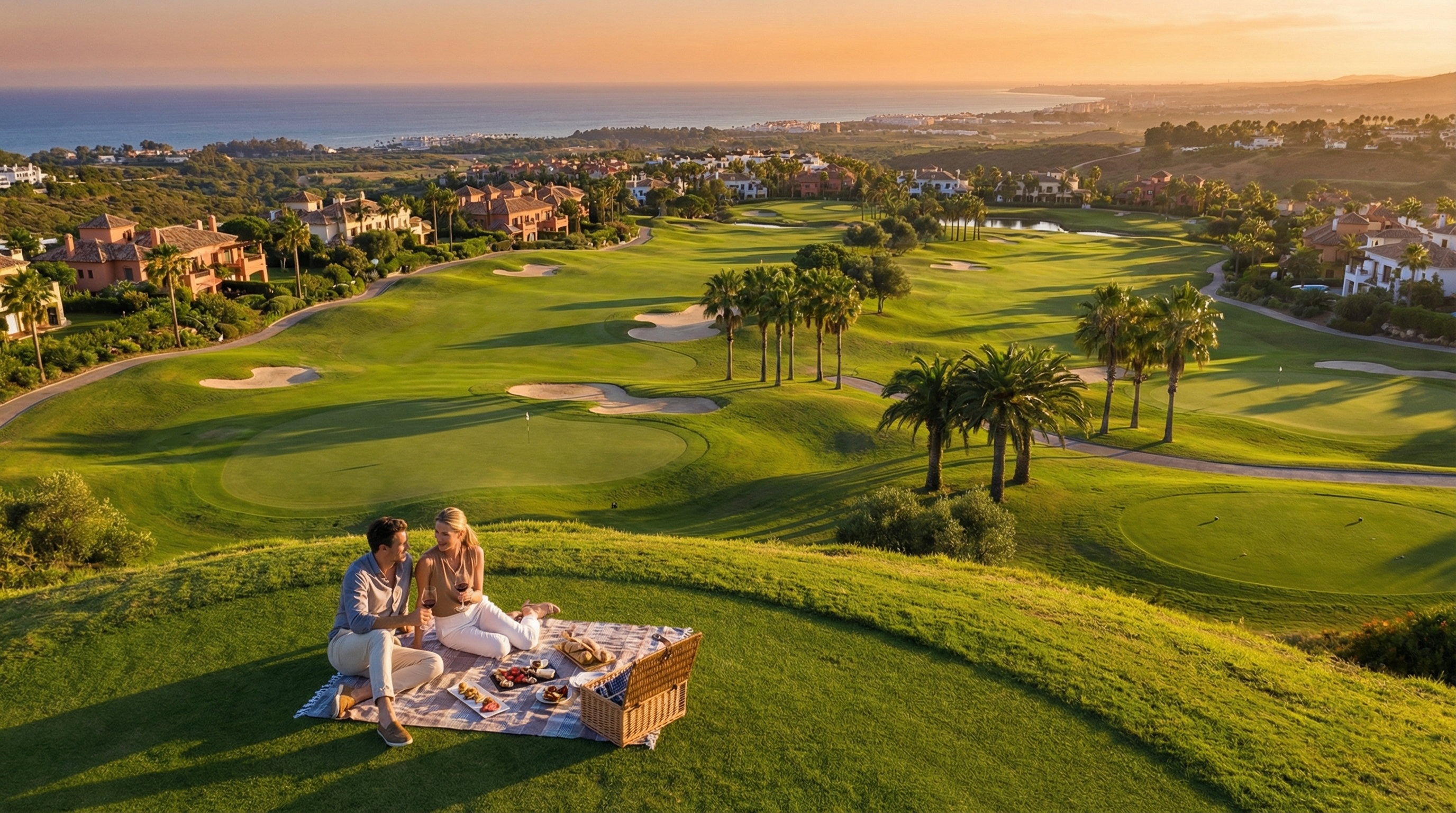 Luftbilde av en luksuriøs golfbane på Costa del Sol, med palmer og vakker middelhavsinspirert arkitektur, en solnedgang i bakgrunnen.