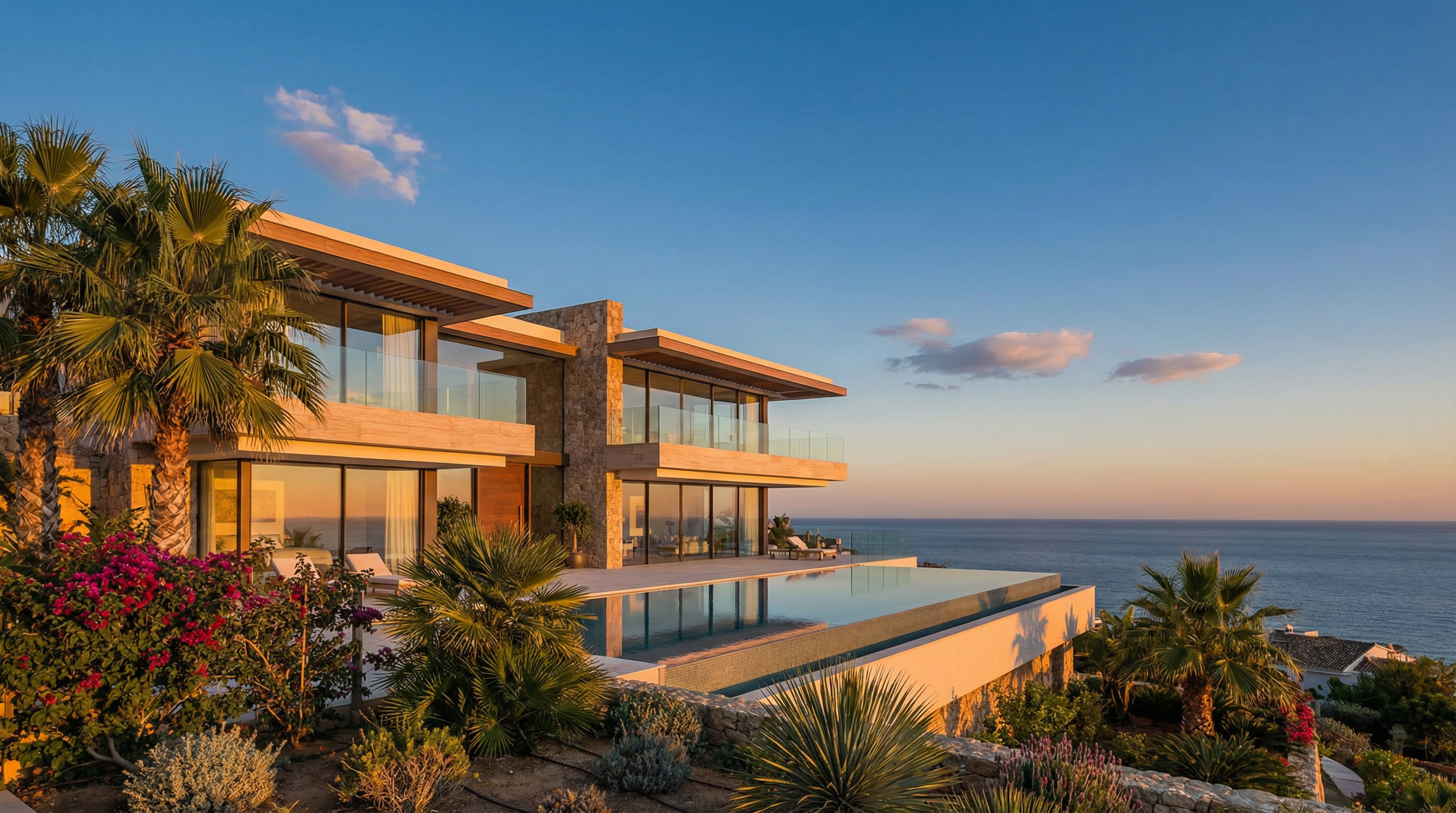 Vue côtière impressionnante d'une villa moderne à Costa del Sol, avec piscine à débordement et architecture contemporaine, entourée de verdure méditerranéenne.