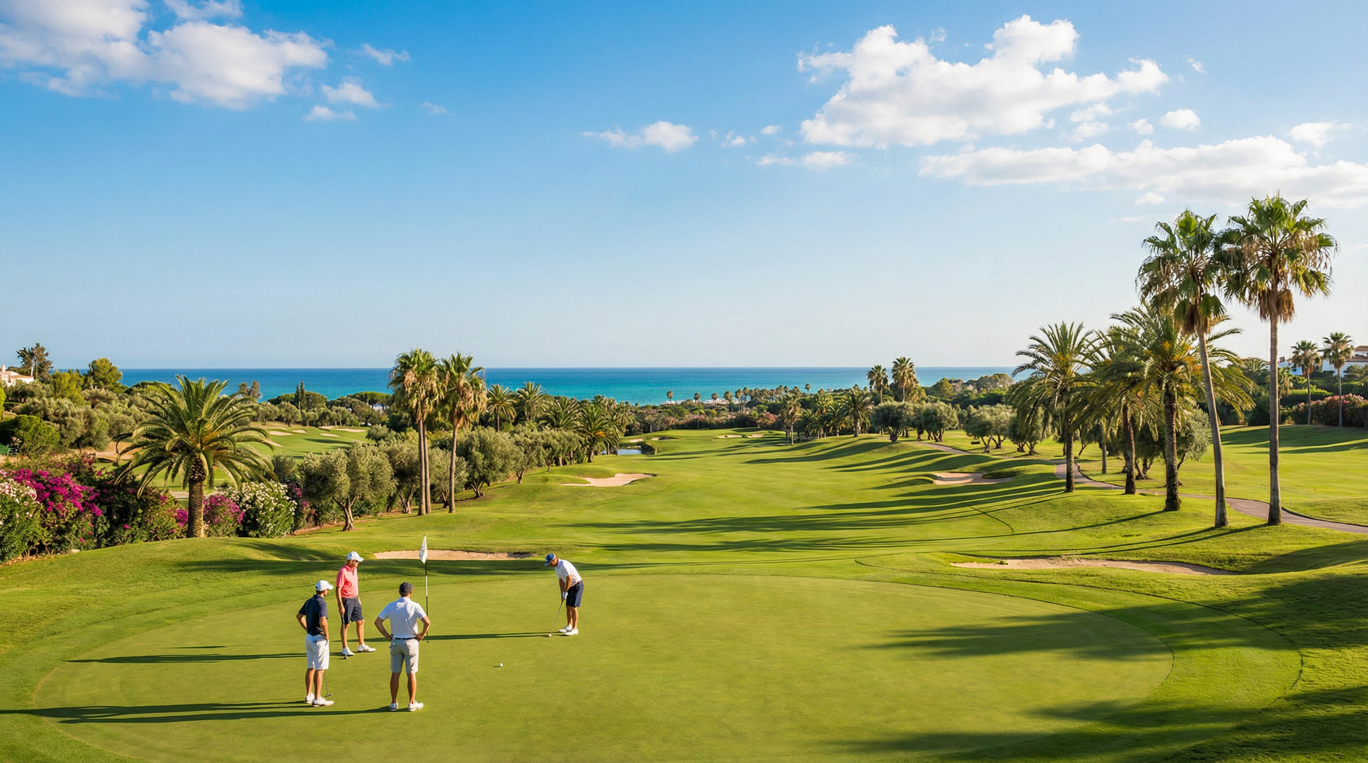 A vibrant golf course on Costa del Sol with golfers in activewear, lush palm trees, and a bright blue sky, showcasing the region's outdoor sports appeal.