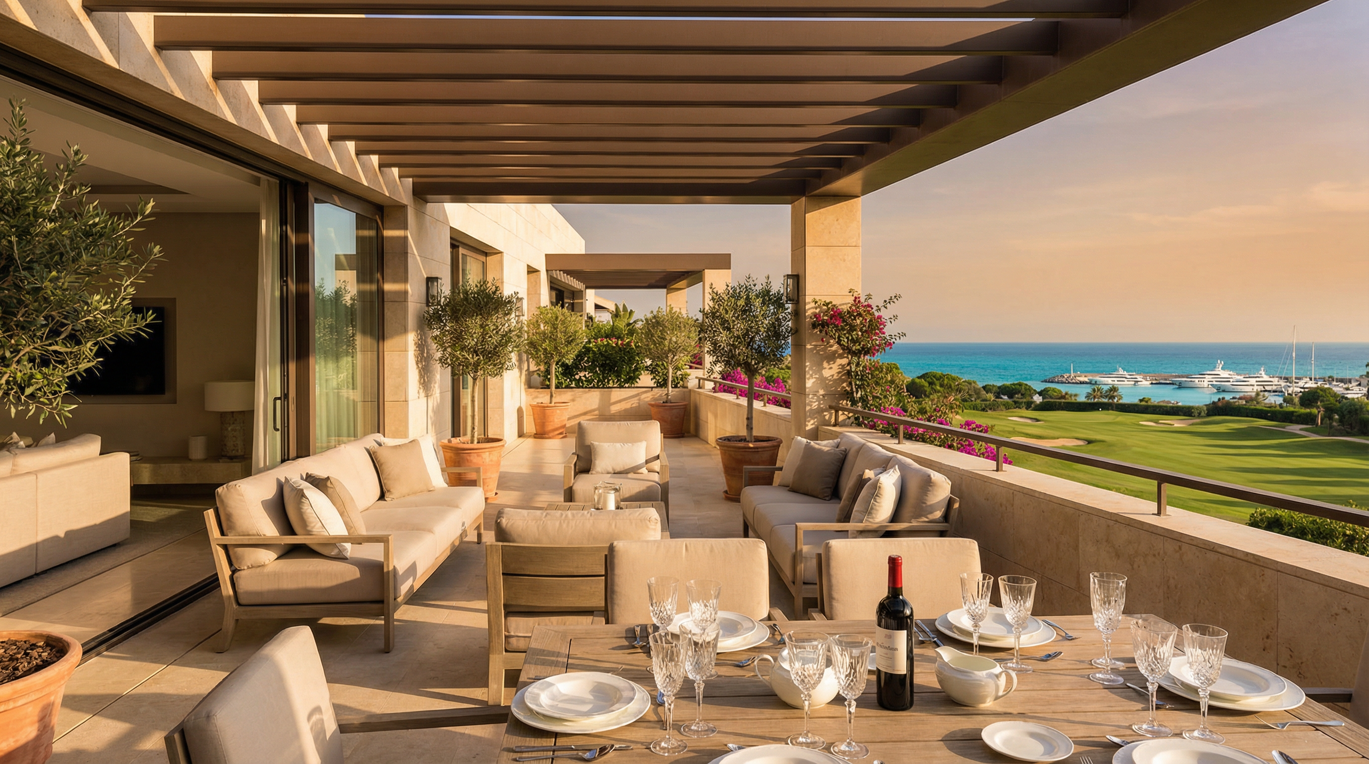 En solig terrass med utsikt över en golfbana på Costa del Sol, med lyxiga utemöbler och medelhavets glittrande vatten i bakgrunden.