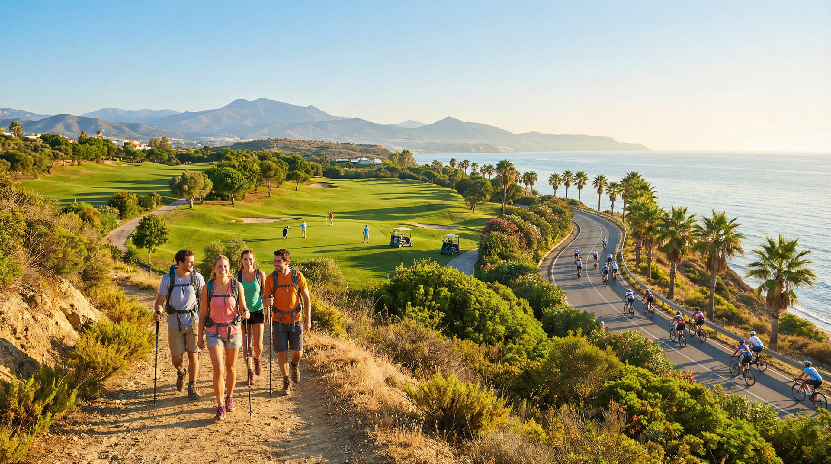 En solbelyst golfbana i Costa del Sol med spelare, omgiven av grönska och fjärran berg, med vänner som vandrar och cyklister på en palmträdskantad väg.