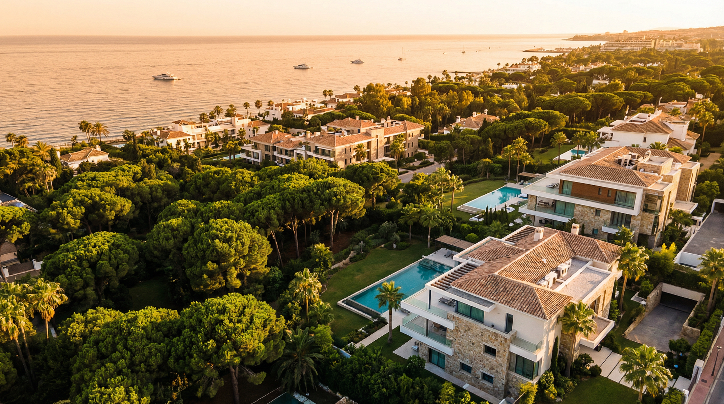 Luftbilde av Costa del Sol som viser luksuriøse eiendommer i Marbella, Estepona og Fuengirola, omfavnet av det glitrende Middelhavet.