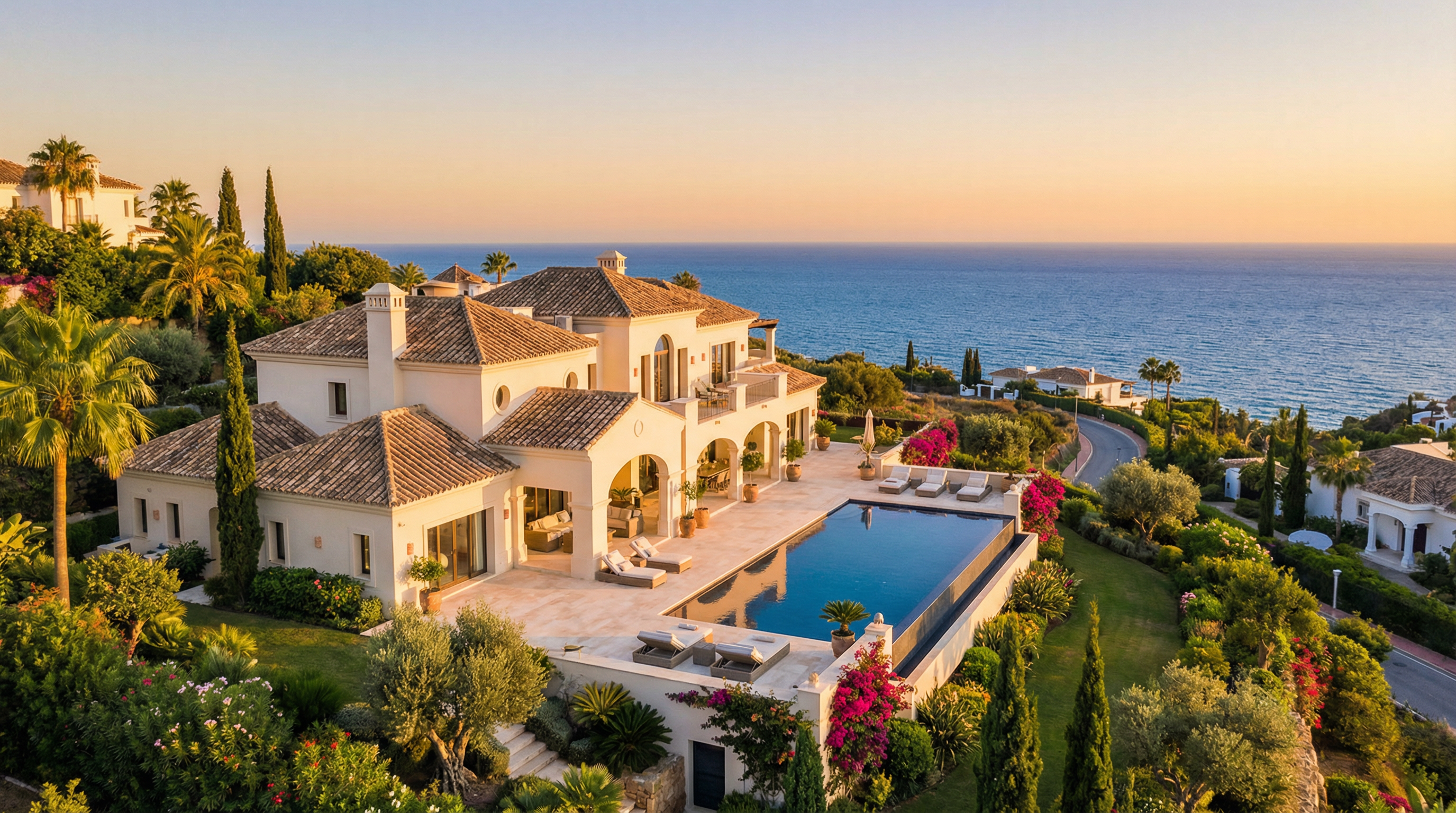 Panorámás kilátás egy luxus villára a Costa del Sol-on, mediterrán építészettel, fehér vakolattal és terrakotta tetővel, a háttérben a csillogó Földközi-tenger.